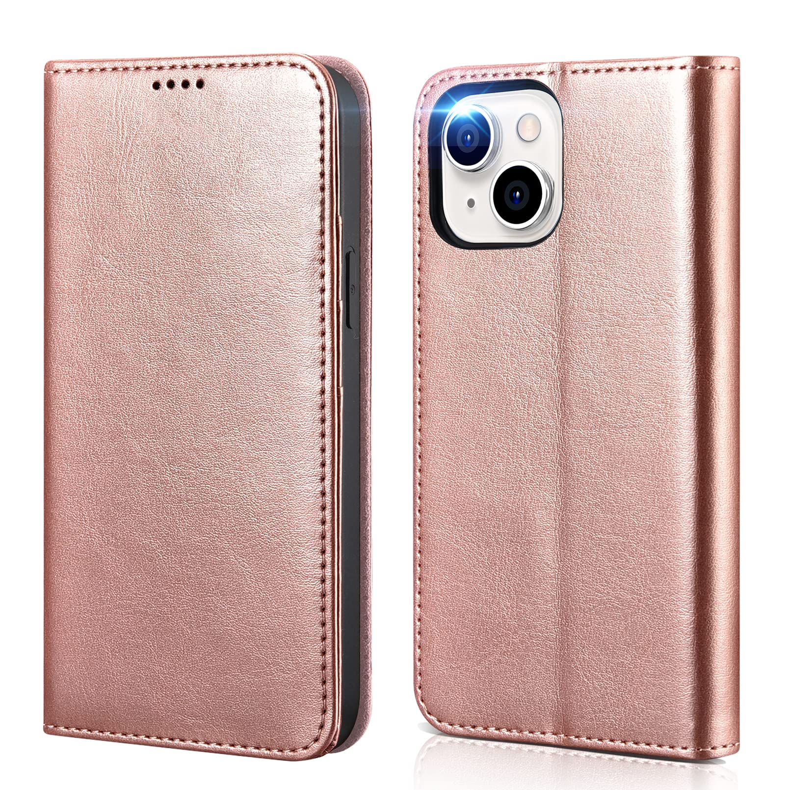 ICARERWallet Case for iPhone 14 2022, Premium Handcrafted Leather Magnetic Closure Flip Case Cover RFID Blocking Credit Card Slots Kickstand Shockproof TPU Inner for iPhone 14 6.1 inches (Rose Gold)