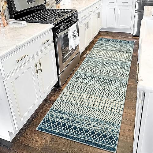 Alfombra marroquí de camino de cocina, 2 x 6 pies, antideslizante, color azul vintage, para el suelo de la cocina, suave, de pelo bajo, lavable,