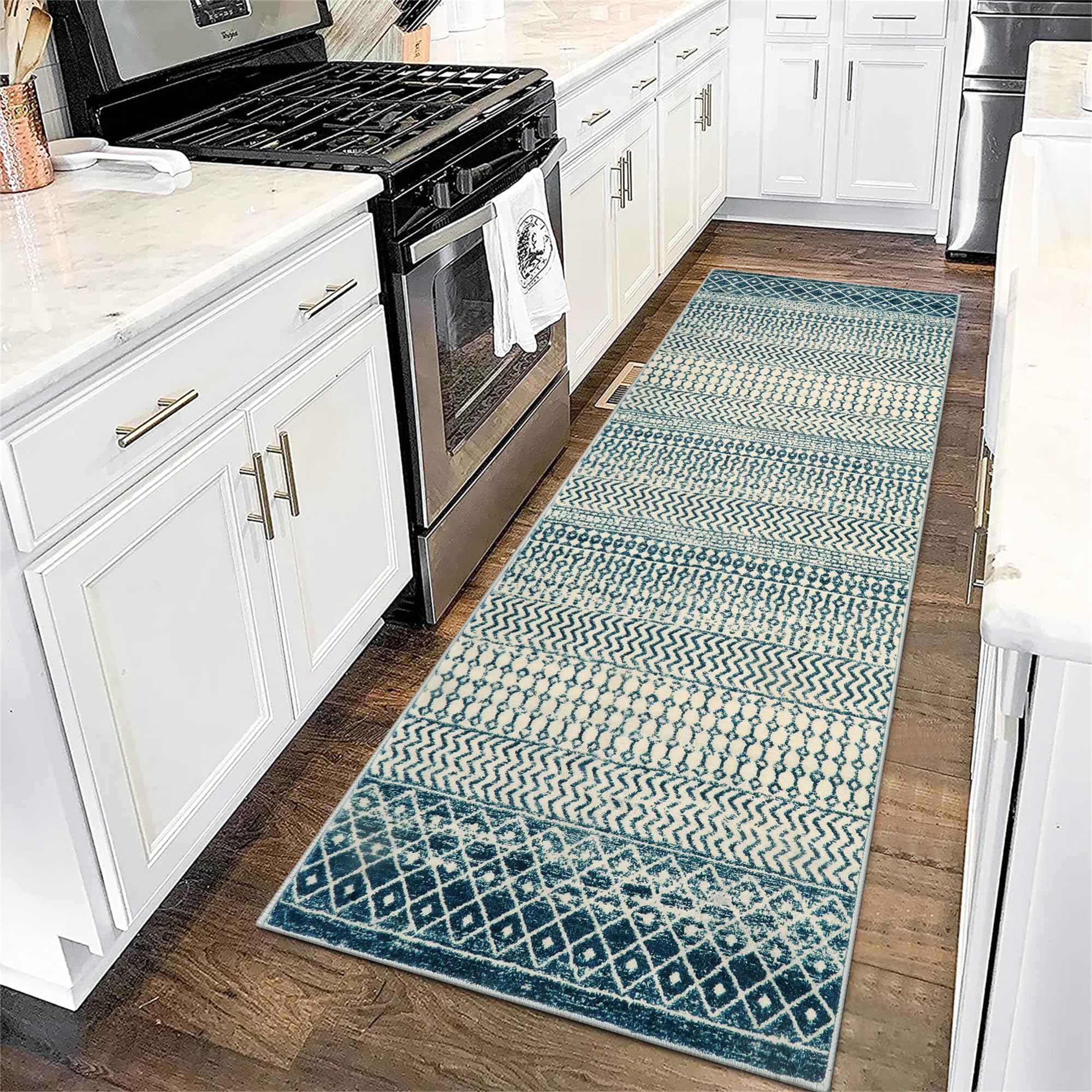 Nailttos Moroccan Kitchen Runner Rug, 2x6 Non Slip Vintage Blue Rug for Kitchen Floor, Soft Low-Pile Washable Laundry Room Rug Indoor Floor Throw