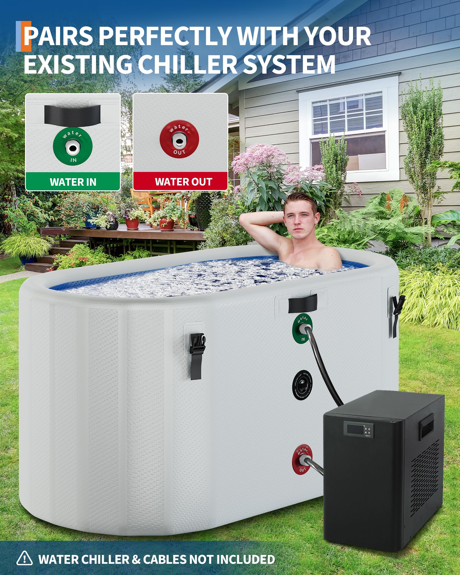 Eisbade Ice Bath Tub for Adults Large Collapsible Cold Plunge Pool Portable PVC Bathtub White Blue Inner for Muscle Recovery Pain Relief Home Spa Outdoor Rectangular 150x80x75cm