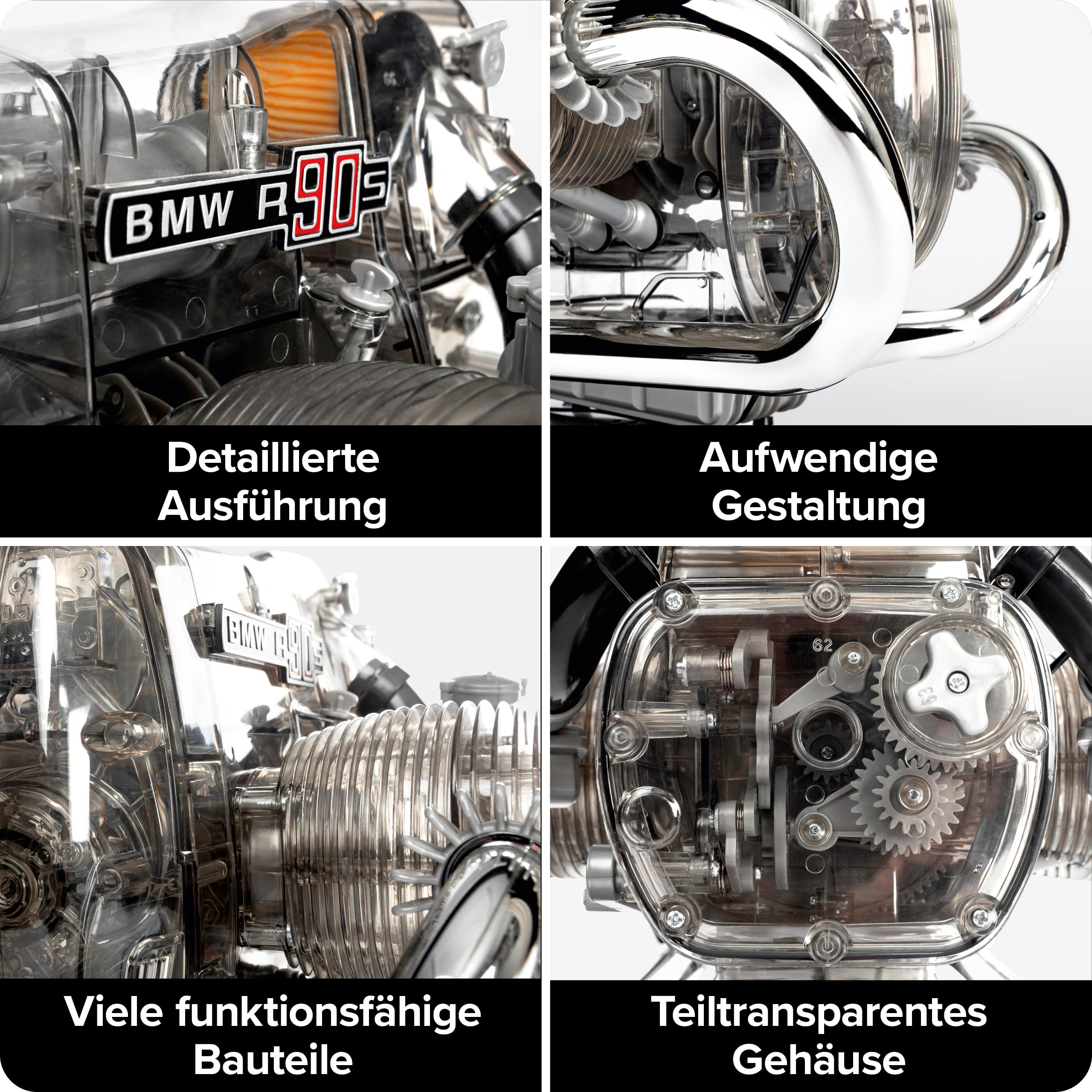 Franzis BME019 67009 0 BMW R 90 S Boxermotor originalgetreues Modell, Bausatz mit schaltbarem 5 Gang Getriebe, über 200 Teile und Begleitbuch, bunt