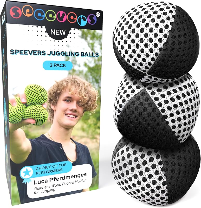 Speevers Pelotas de malabarismo para principiantes y profesionales, juego de 3, pufs de malabarismo, 14 colores disponibles, 2 capas de red y estuche de transporte, pelotas de malabarismo originales Xballs (negro - blanco, 4,2 oz)