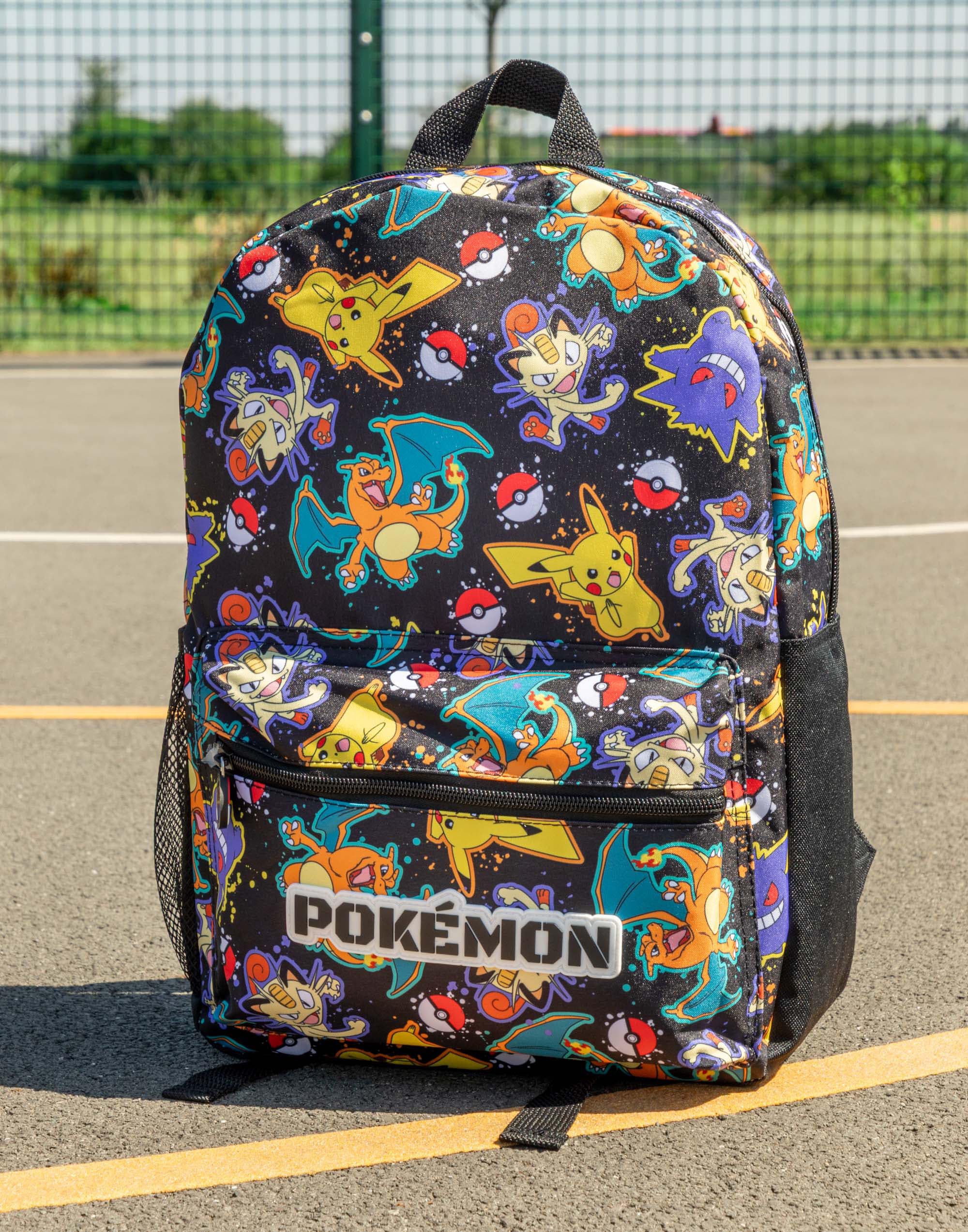Pokémon Mochila Pikachu Charizard Gengar Meowth en Negro | Personaje infantil Bolsa estampada por toda la prenda | Correas de hombro ajustables, bolsillo frontal y soporte de malla
