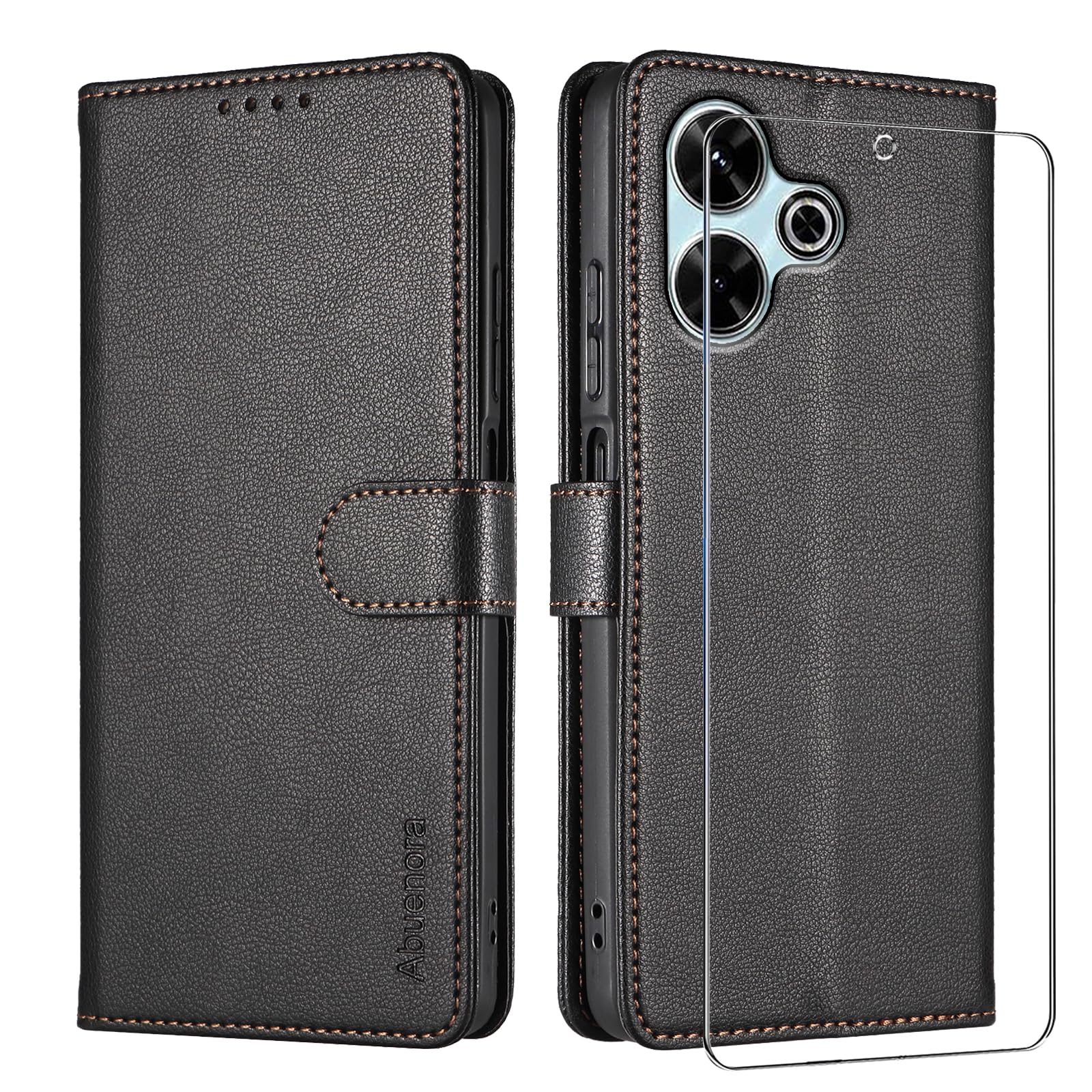 Abuenora Cover per Xiaomi Redmi Note 13 Pro 4G/Poco M6 Pro 4G con Vetro Temperato, Custodia a Libro Flip Portafoglio in Pelle [Blocco RFID] Case - Nero