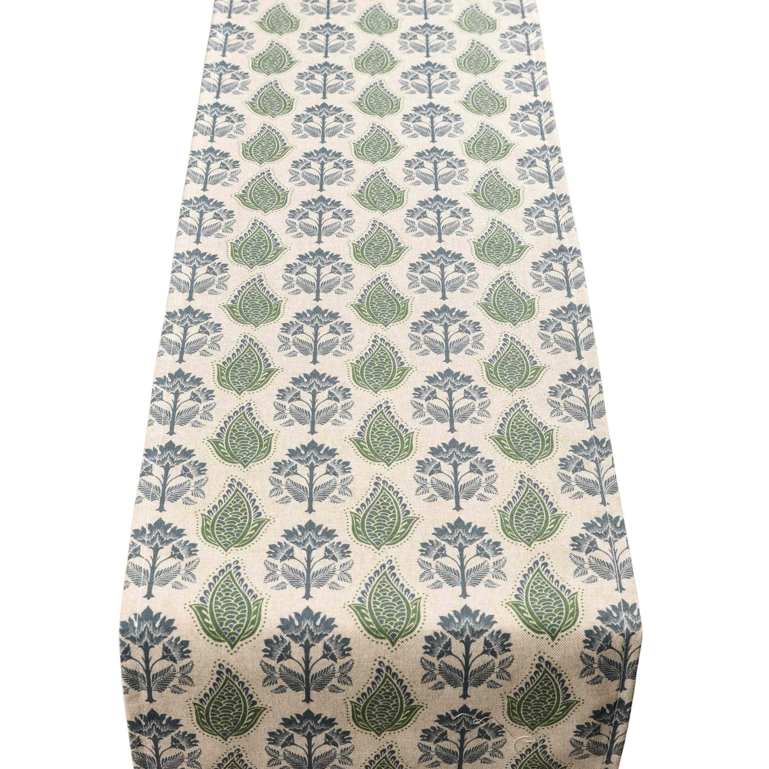 Linen Loft Blue Cotswold Countryside Motif Table Runner In Soft And Sage Green. Cottagecore Shabby Chic Style. Available In Two Sizes (30Cm X 180Cm)