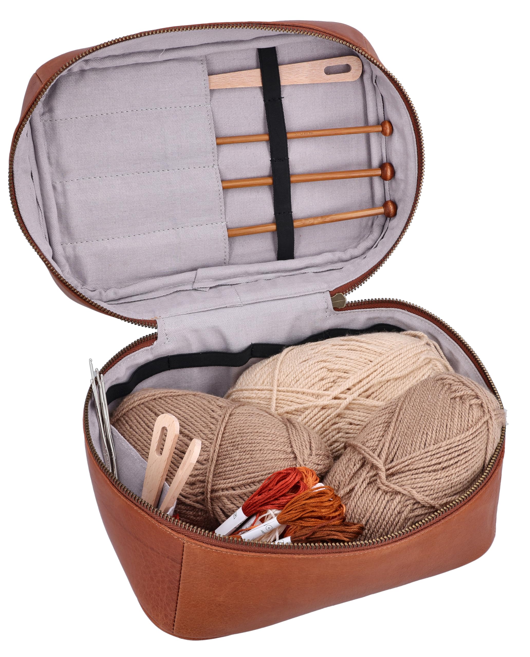 Gusti Leder Stricktasche Dafne - Häkeltasche Utensilien Aufbewahrung Tasche Damen Herren Braun Leder