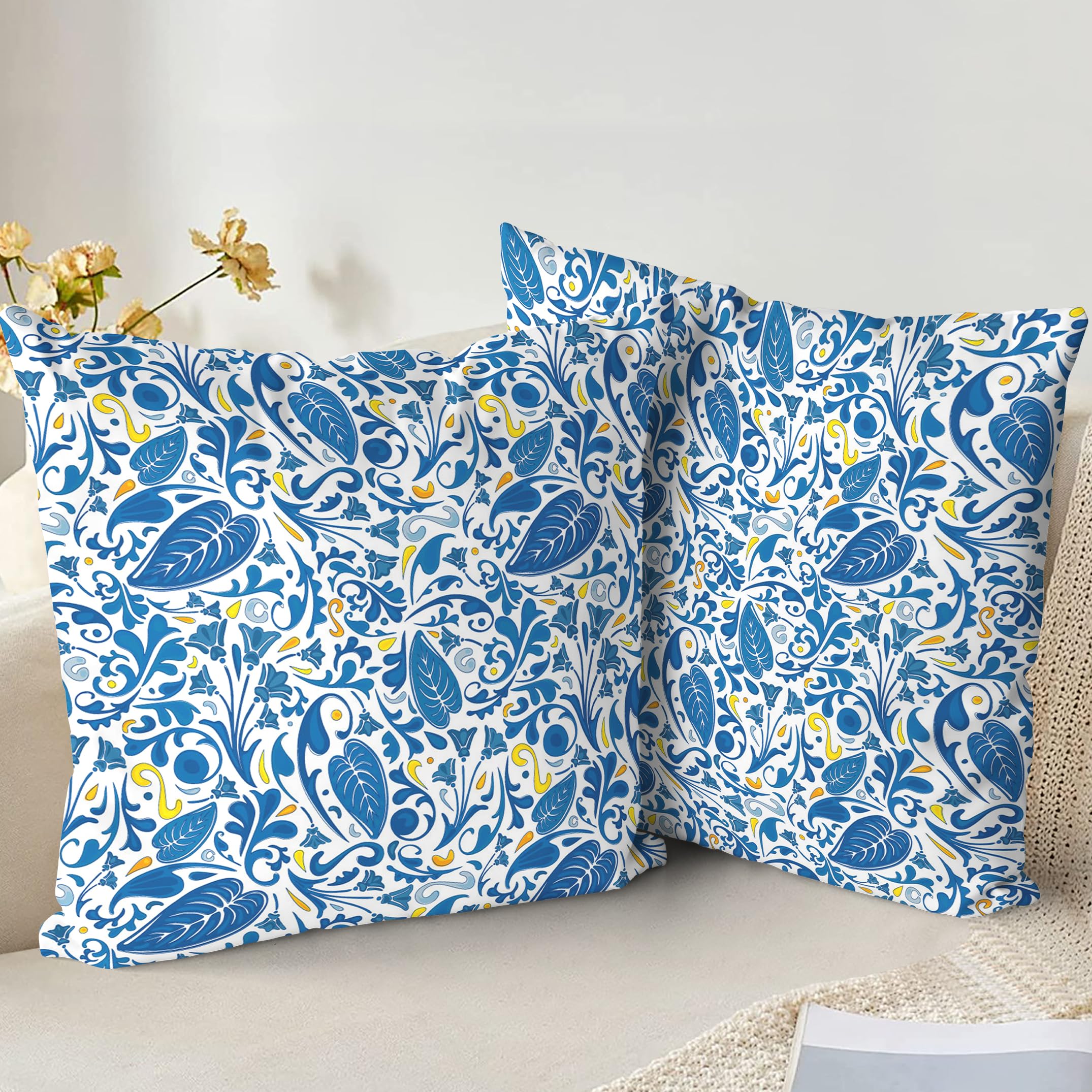 XPHZZL Cushion Covers Set of 2 Pack 65 x 65 cm Soft Vintage Floral Decorative Throw Pillow Cases Boho Pillow Cover for Sofa Bed Garden Outdoor Spring Decor Flower Plant with Invisible Zipper - Blue
