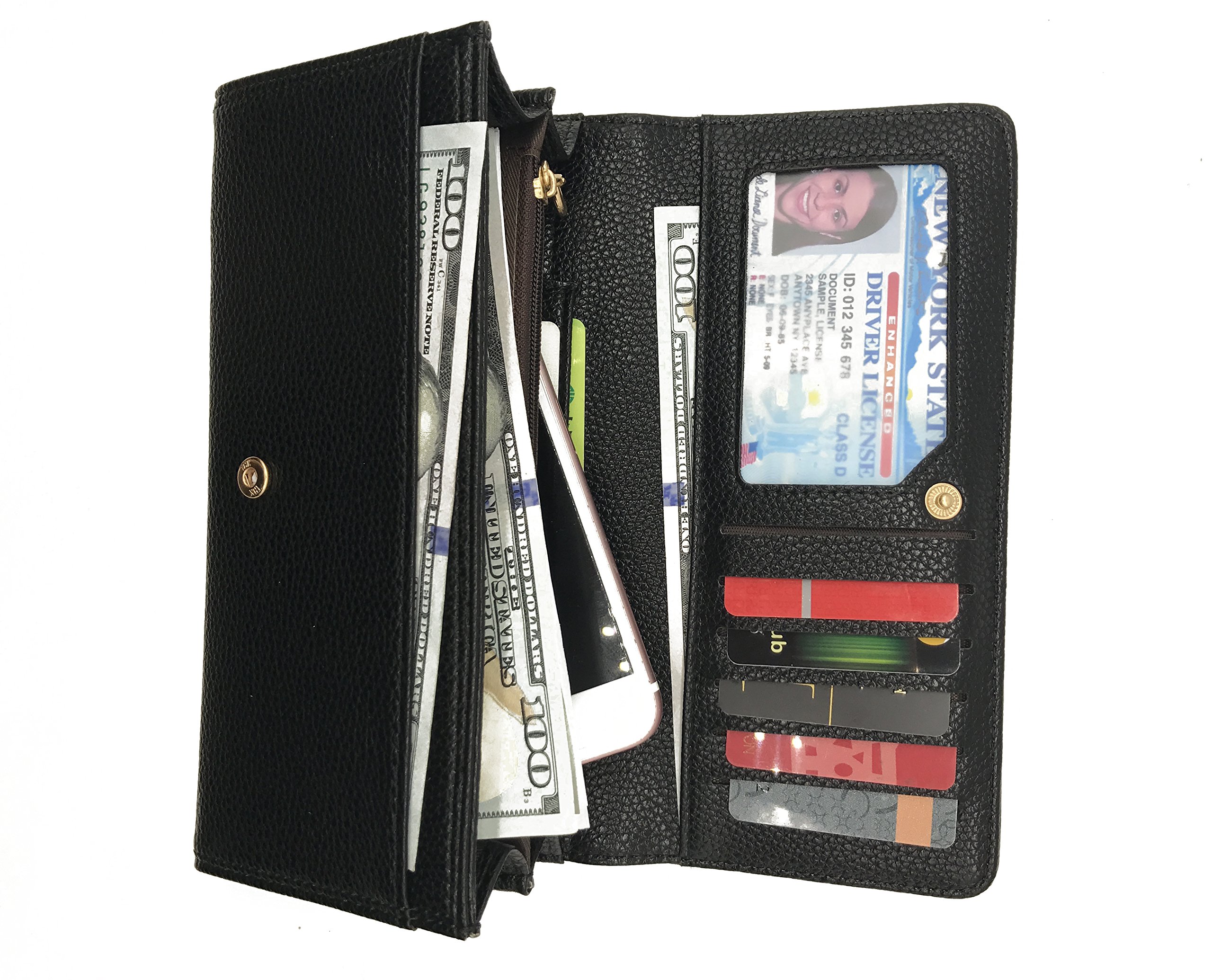 QUEENX Women's Large Capacity Wallet Bifold Luxury Leather Clutch Wallet Card Holder Travel Purse (black)