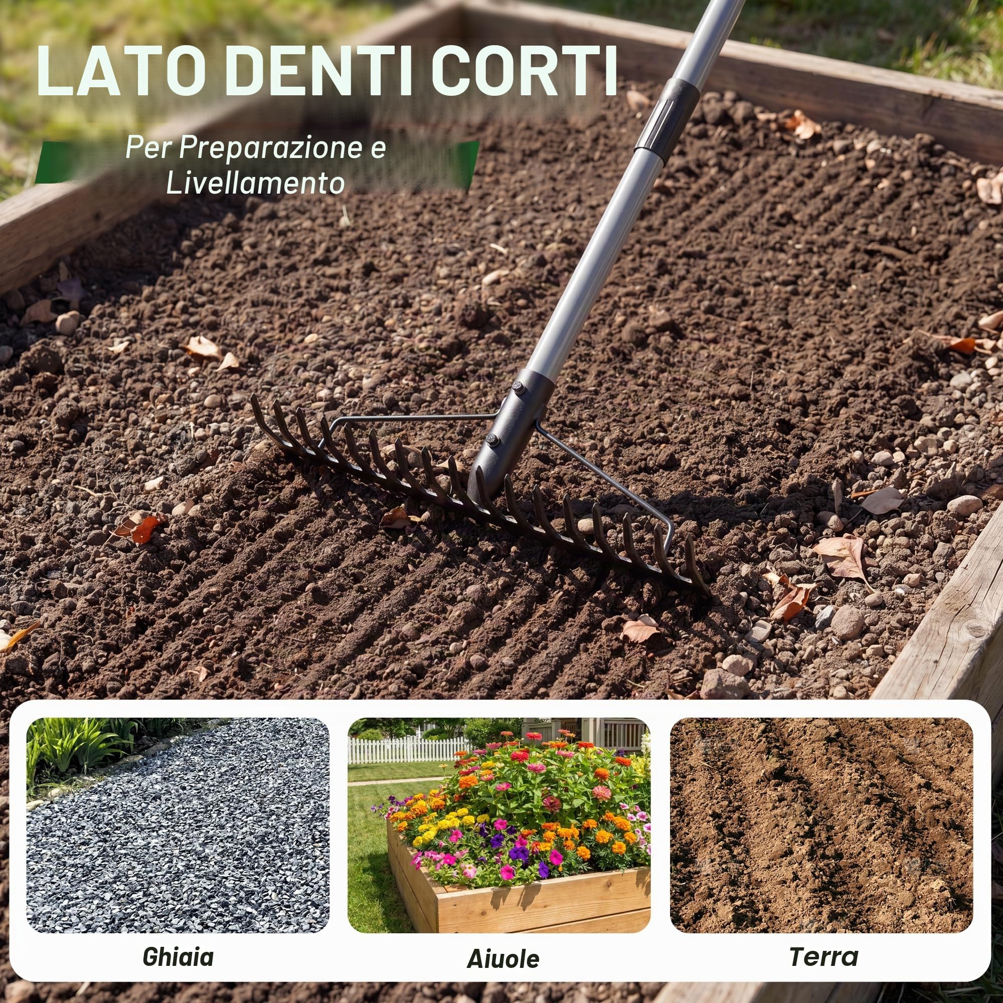 Walensee Rastrello da giardino resistente da 165 cm, con manico in acciaio inossidabile, rastrello in metallo a doppia testa a 17 denti per allentare il terreno, livellare il prato, raccogliere foglie