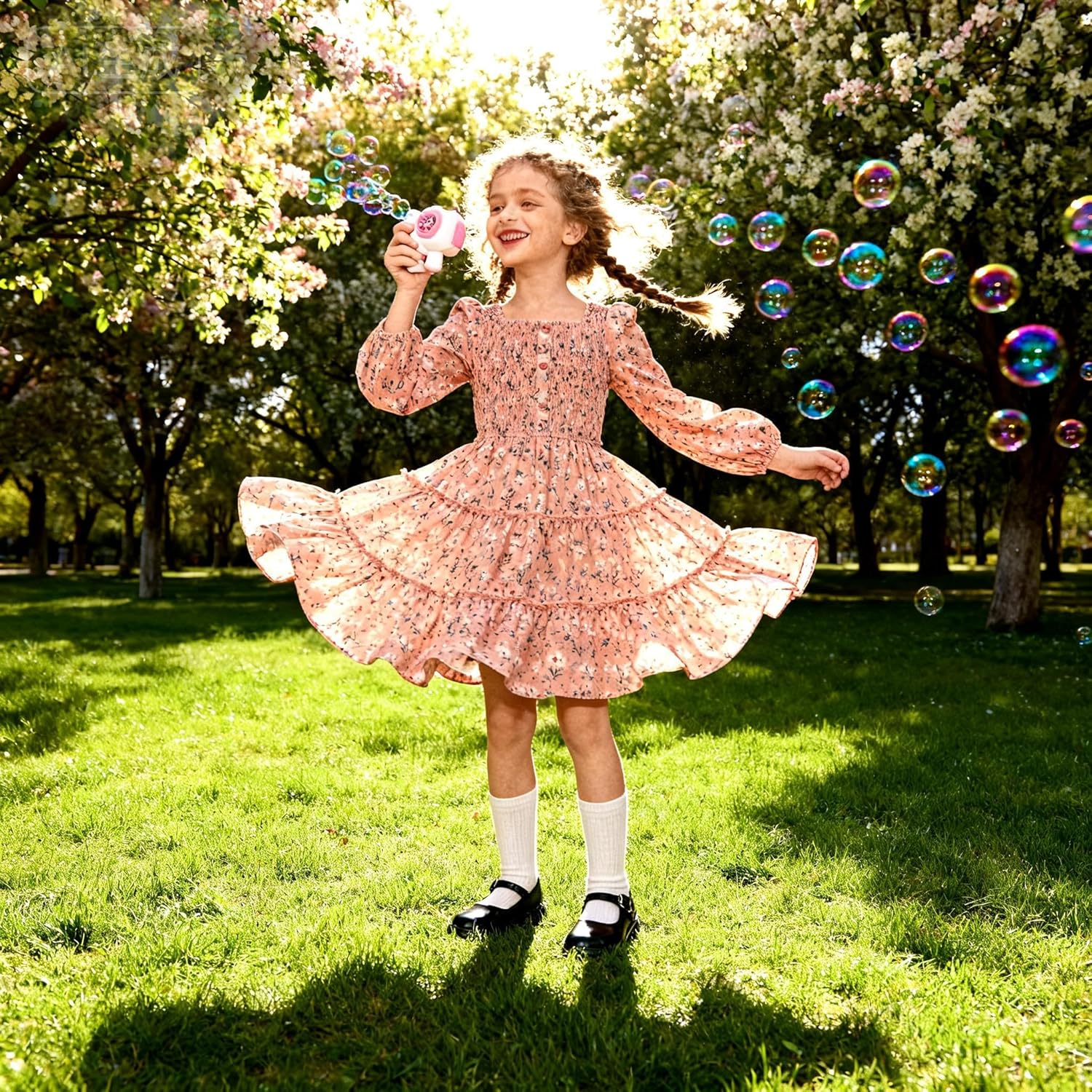 GRACE KARIN Girls Fall Long Sleeve Floral Square Neck Smock Tiered Casual Holiday Teen Dress Size 5-14 - Image 9