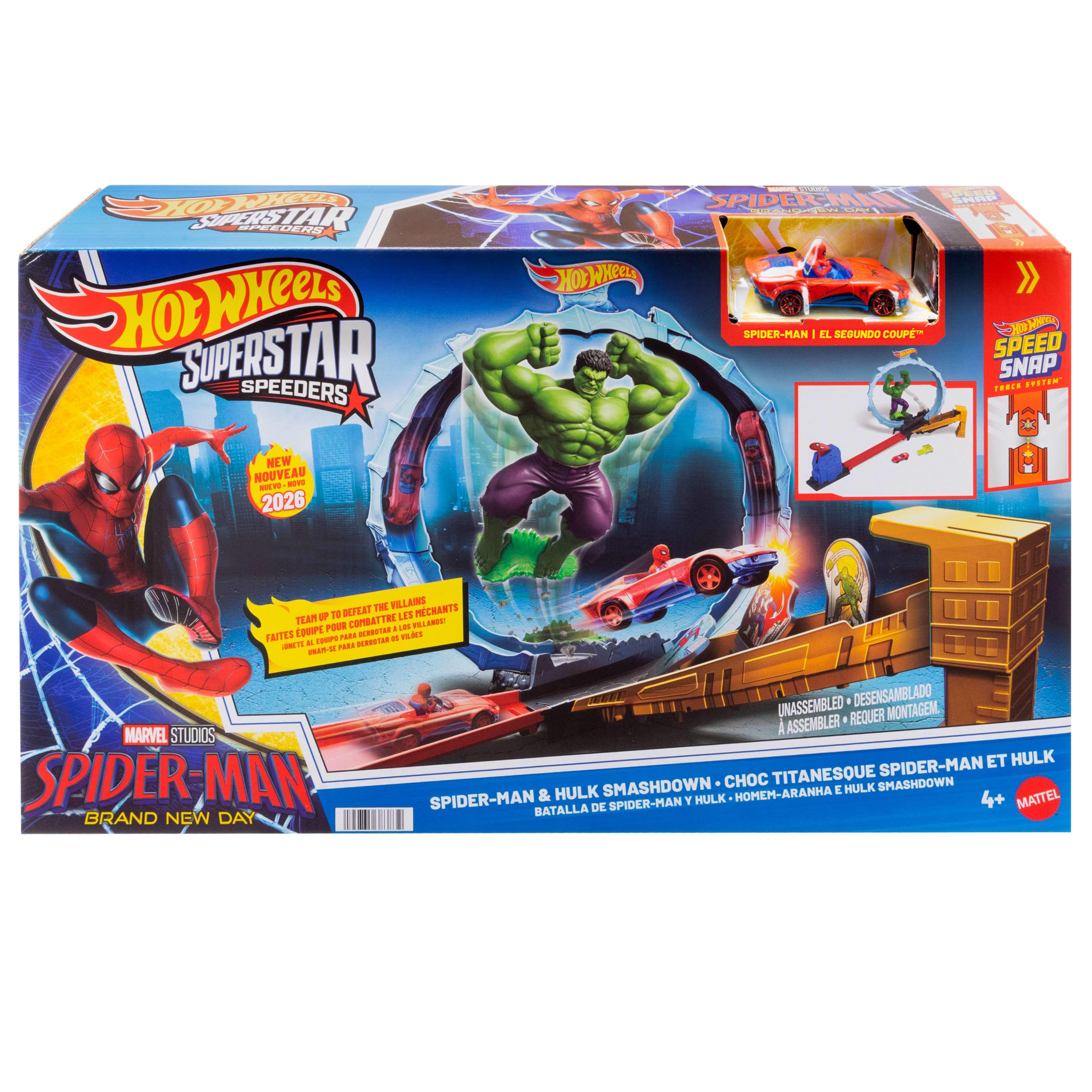 Hot Wheels Superstar Speeders Tor Spider-Man i Hulk: Superbohaterska akcja Zestaw, 1 metalowe auto Superstar Speeders, wyścig przez pętlę, złoczyńcy do pokonania, zabawka dla dzieci 4+, JMR29