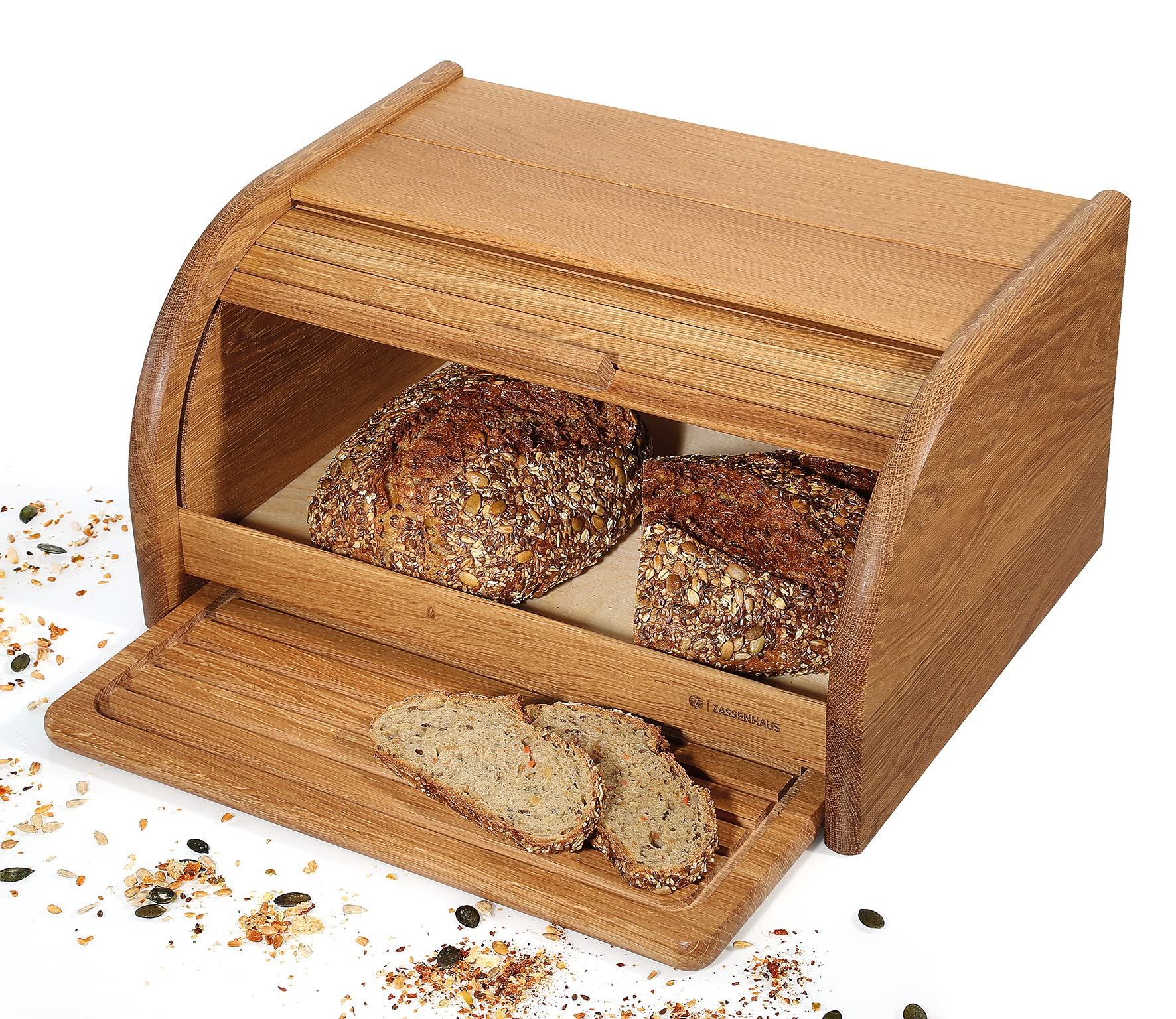 Zassenhaus Brotkasten Country mit Schneidbrett, 40x30x20 cm, Eichenholz | Brotbox, massives Eichenholz, für Brot und Gebäck, natürliches Design, langlebig, inklusive Schneidbrett