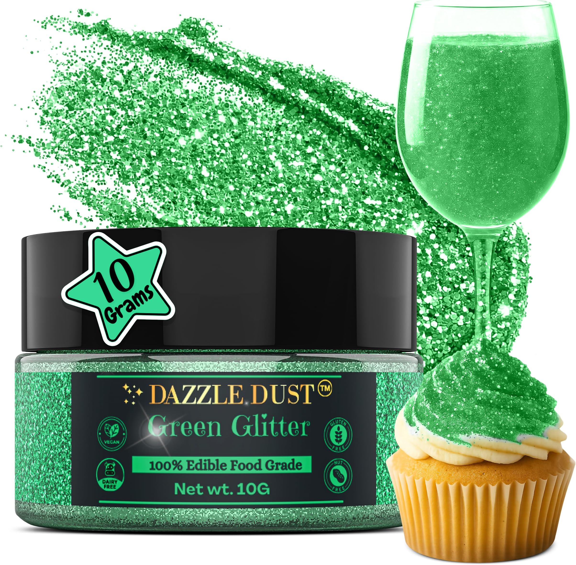 Dazzle Dust Edible Glitter Sprinkles for Cake Decorating, Drinks, Cookie, Icing, Dessert Decorations, Sparkly Luster, Food-Grade, Vegan, Gluten Free, Kosher, Bulk 10g, Green