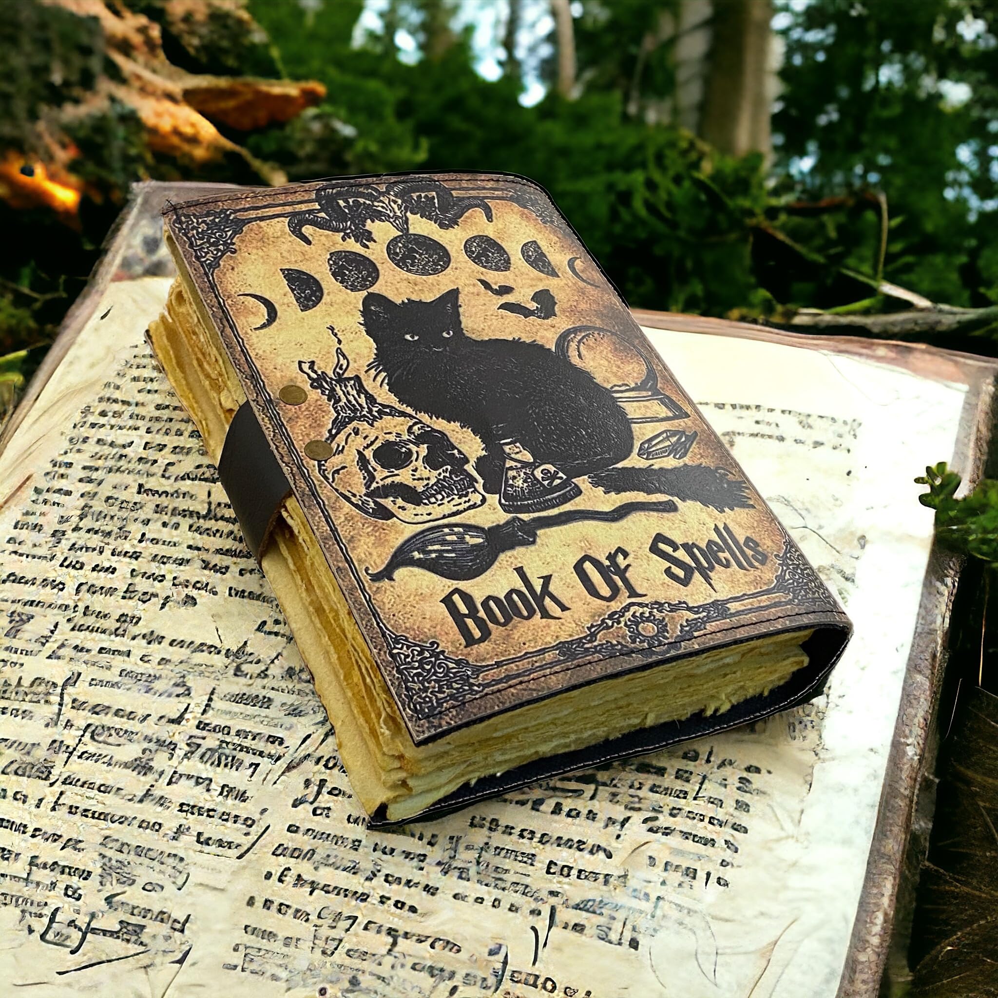 Blanko-Buch der Schatten Grimoire Tagebuch Magische Katze gedruckt Hexerei Supplies Hexe Wicca Notizbuch Handgemachtes Vintage Büttenpapier Leder Skizzenbuch, tolle Geschenke 17,8 x