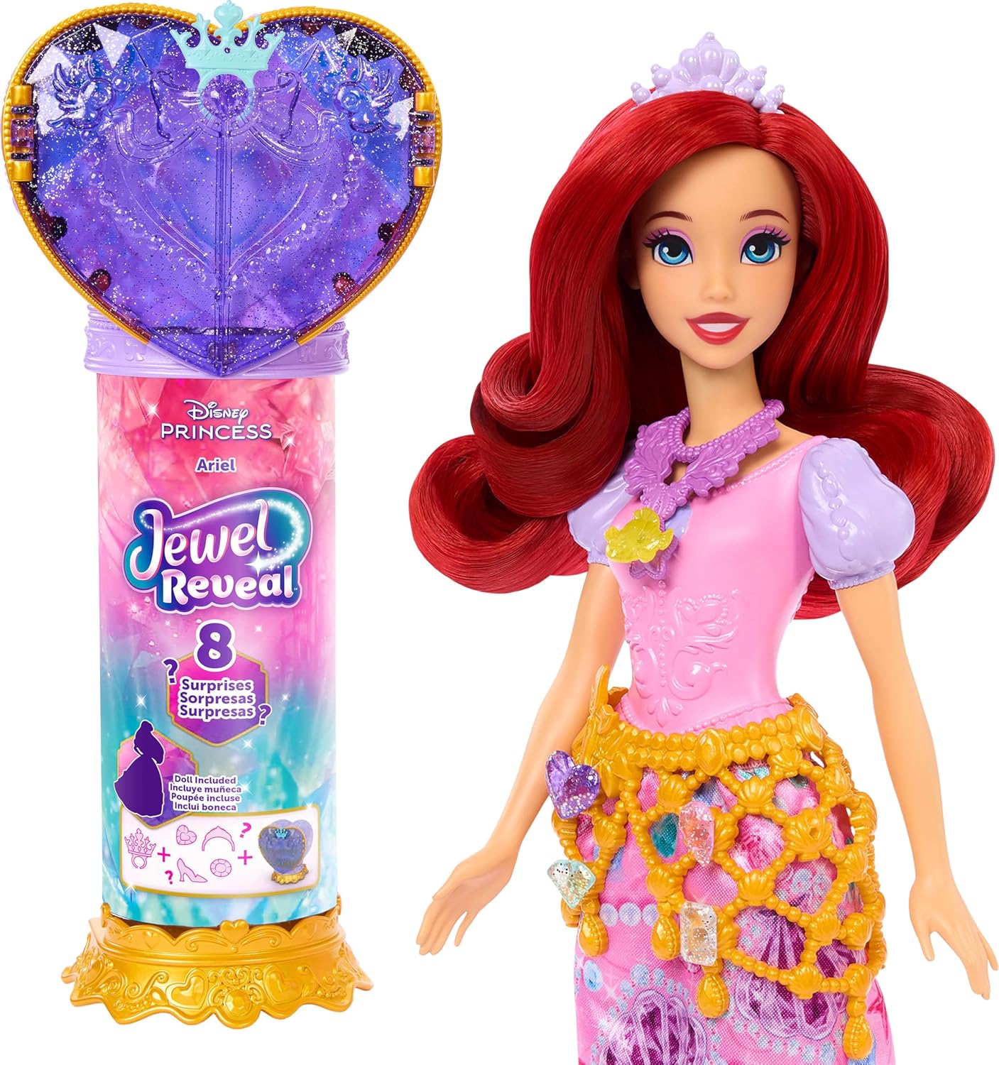 Mattel Disney Princess Ariel Fashion Doll & Accessories with 8 Surprises, Including Heart Gem Box, Ring for Child & 9 Play Pieces, Inspired by Movie