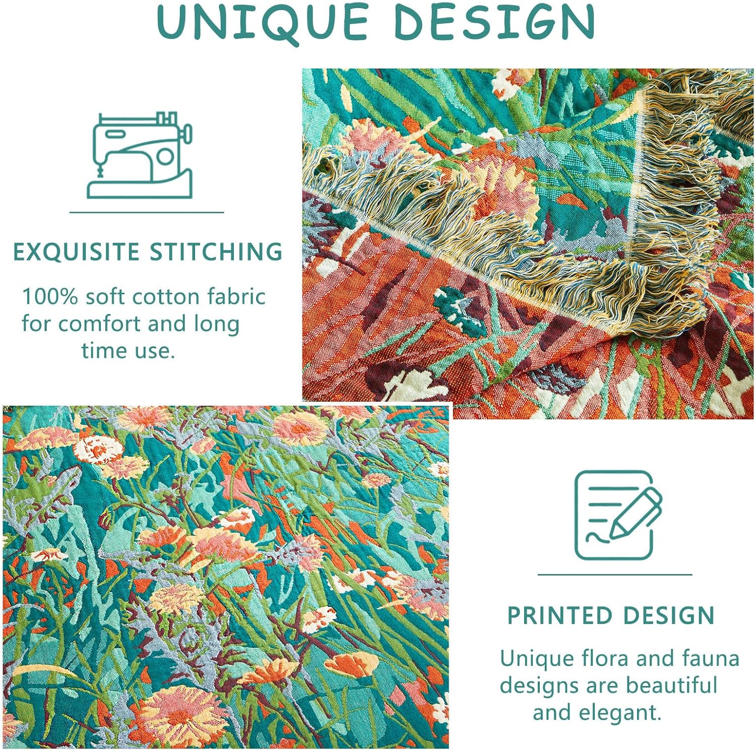 Boho Throw Blanket - 50"x60" 100% Cotton Ultra Soft Lightweight Fall Blanket, 4-Layer Breathable Muslin Blankets for Bed Couch, Reversible Green Floral Printed Bohemian Cotton Quilt - Image 5