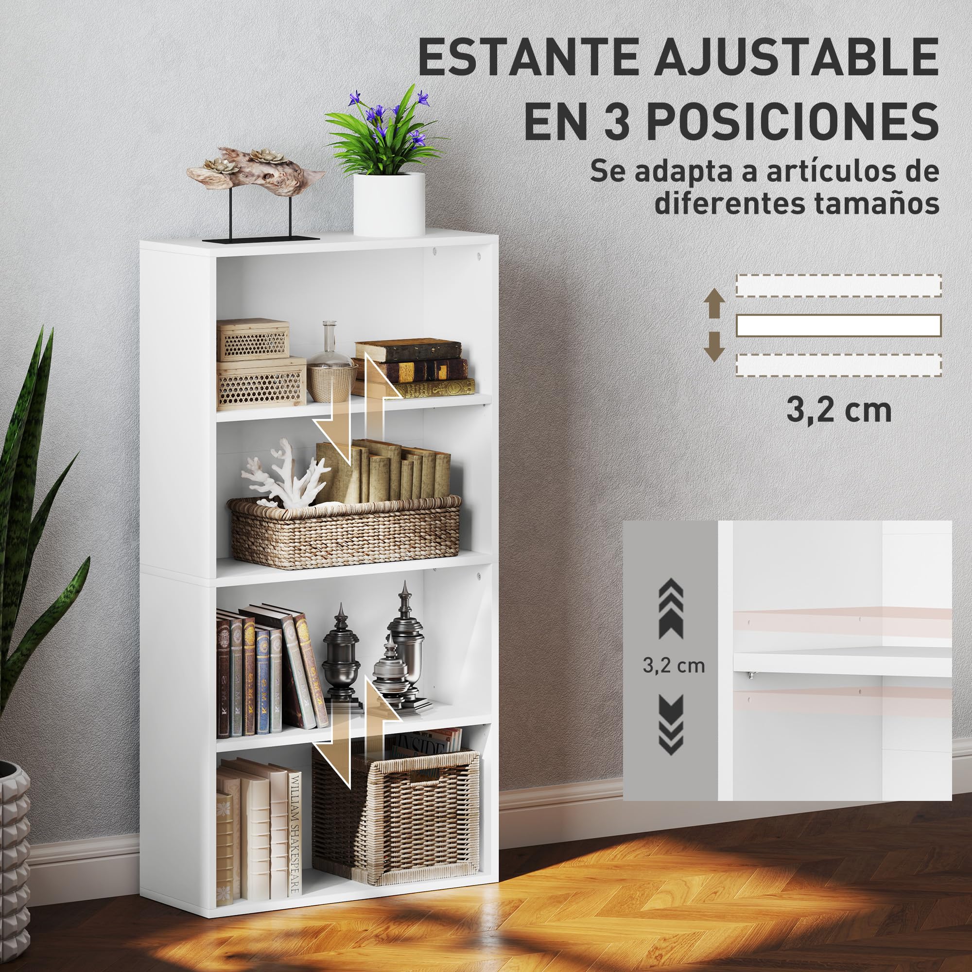 HOMCOM Librería de 4 Niveles Estantería de Libros con 2 Estantes Ajustables para Sala de Estar Oficina Dormitorio 60x24x115,5 cm Blanco