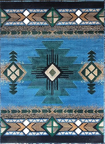 Southwest Navajo Aztec - Alfombra tribal nativo americano tribal azul claro Southwest Navajo Aztec - Alfombra tribal nativo americano tribal azul claro