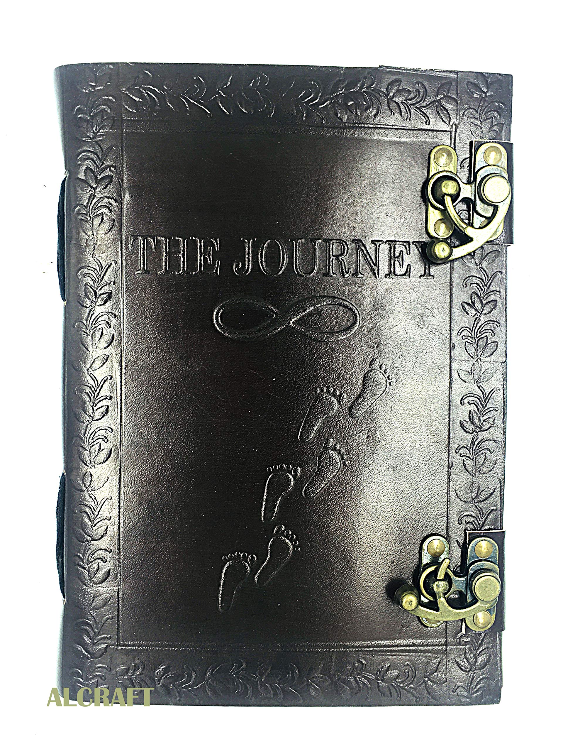 ALCRAFT Handmade Leather Journal Notebook The Journey on front conver | Customized Name/Date/Logo Personalized Customized Vintage Dairy (10 * 7 Inches)