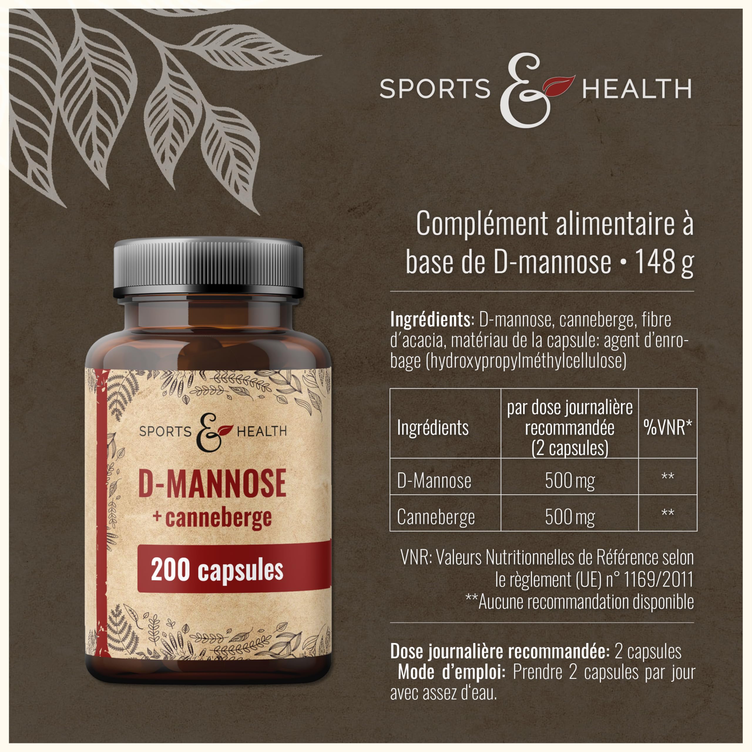 Gélules de D-Mannose & Cranberry – 200 gélules véganes – avec D-Mannose en poudre et Cranberry – 500 mg par portion journalière