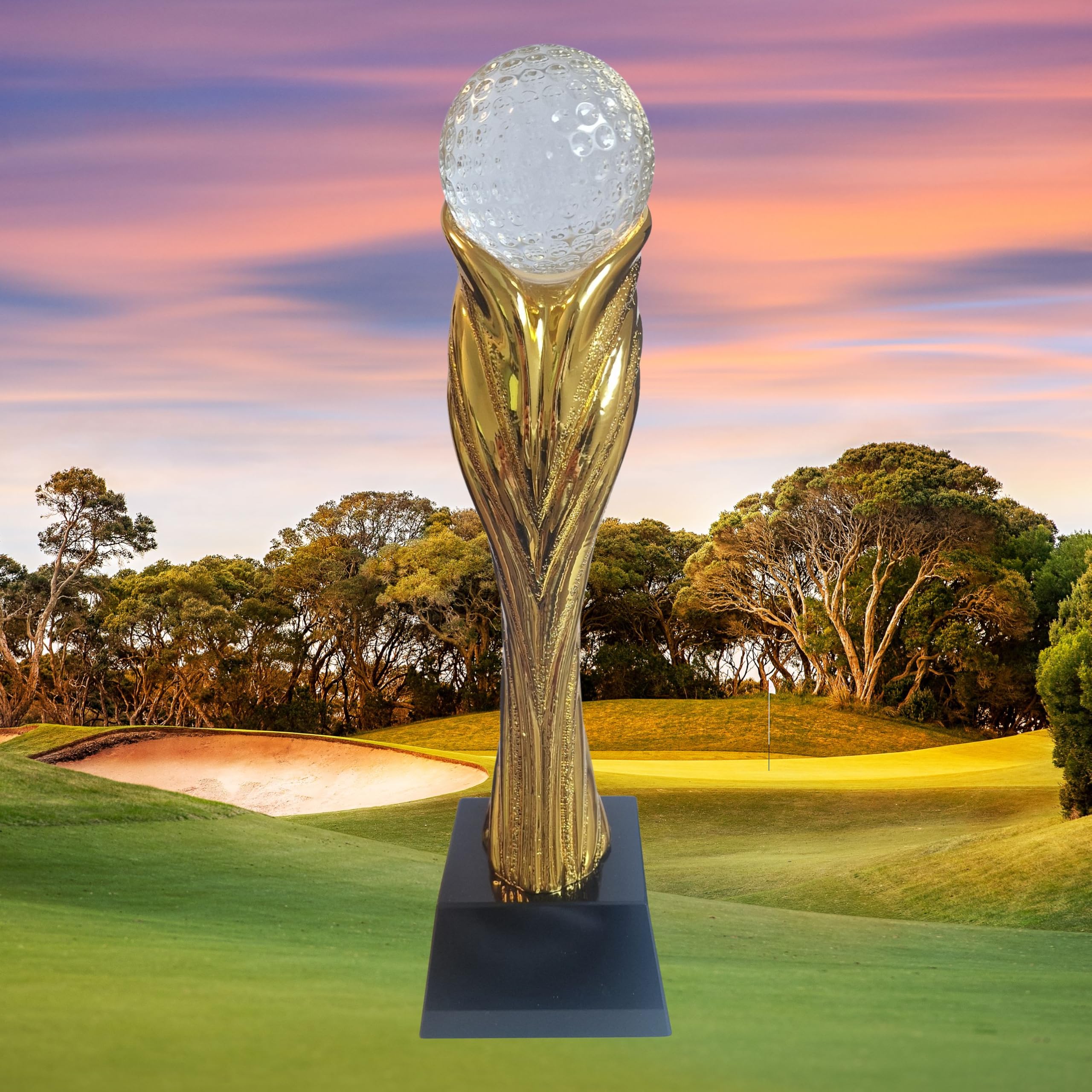 Golf Pokal 27,5 cm mit Glas Golfball auf Glassockel – edle Trophäe mit Goldener Säule aus schwerem Resin – hochwertiger Award mit Gravurschild kein Kunststoff für Turniere & Vereine