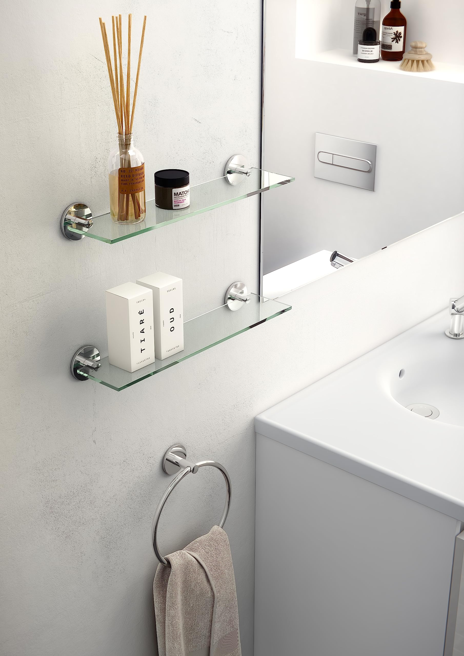 COSMIC - Estante Vidrio Baño | Acabado Cromo | Fácil Instalación - Sujeción Con y Sin Tornillos | Medidas 40 x 10,5 x 5,5 cm