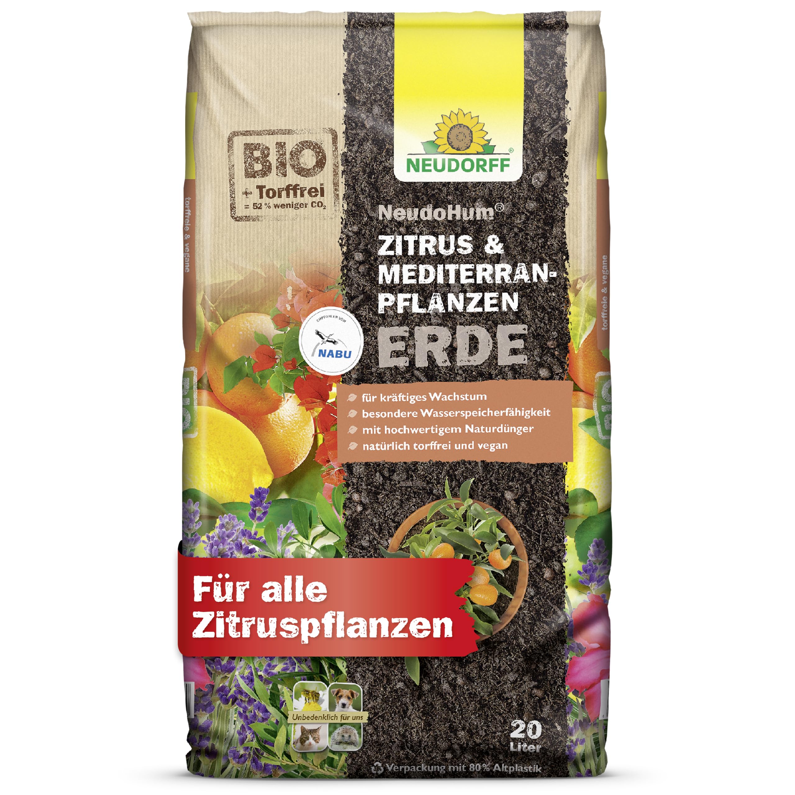 Neudorff NeudoHum Zitruserde 20L - torffreie mediterrane PflanzenErde - Bio Olivenbaum Erde für alle Mediterranpflanzen wie z.B. Palmen, Oleander und Zitronen - Zitruspflanzenerde ohne Torf