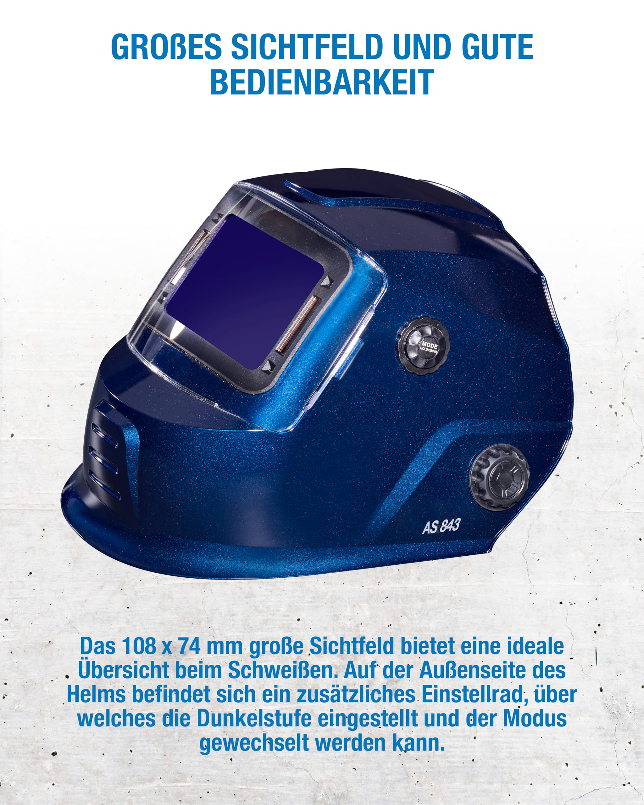 CFH Profi Automatik-Schweißhelm AS 843 – 4 Lichtsensoren, Memory-Funktion, Low-Battery-Anzeige, Sichtfeld 108 x 74 mm, UV/IR-Schutz DIN 16, für MMA, MIG, MAG, TIG, FLUX, PLASMA und Schleifen