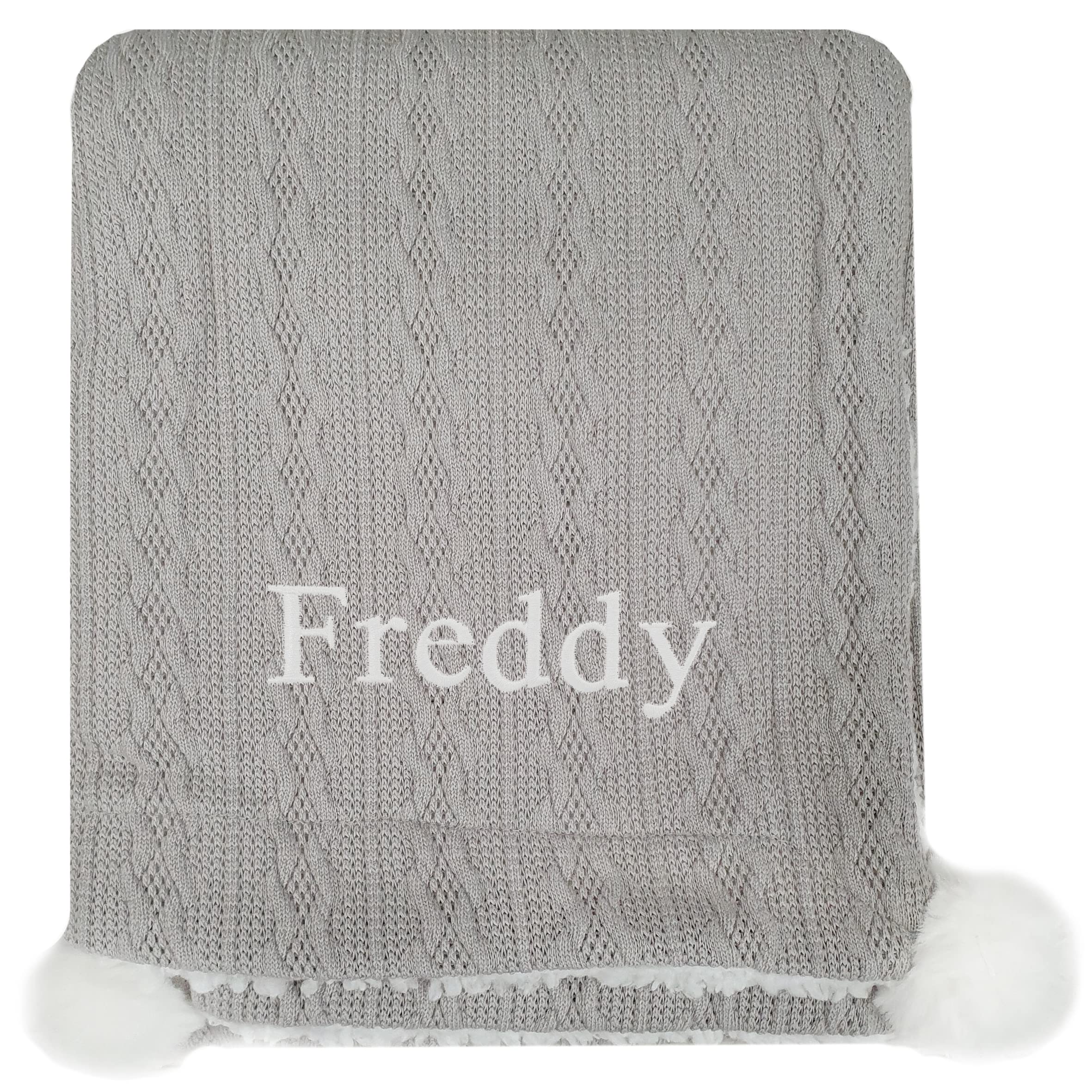 Baby Boy Girl Personalised Knitted Pom Pom Blanket Embroidered Name (Grey)
