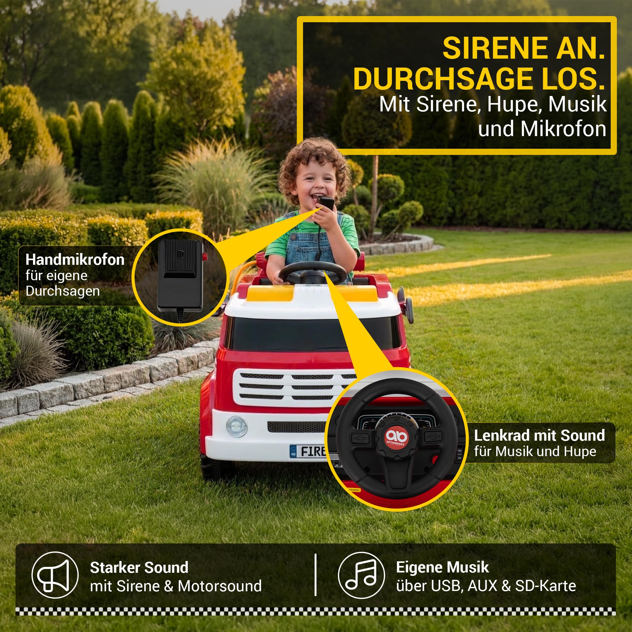 Actionbikes Motors Kinder Elektroauto LF112 | 2,4 Ghz Fernbedienung | Feuerwehrauto | Spielzeugauto | Kinderauto elektrisch | Elektrofahrzeuge | Feuerwehr | Elektro Auto für Kinder ab 3 Jahre