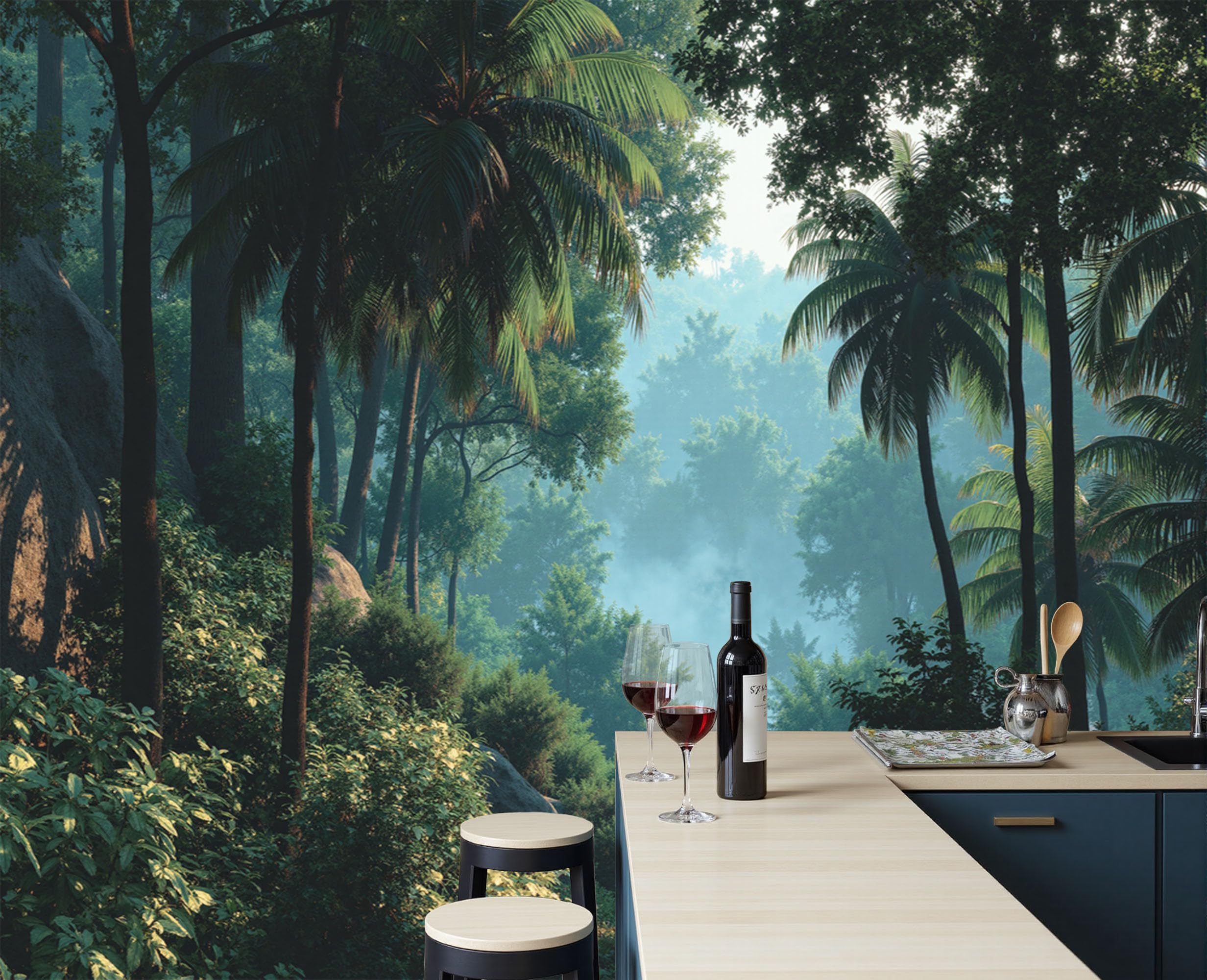 Papier peint jungle tropicale brumeuse panoramique pour salon 300x210cm