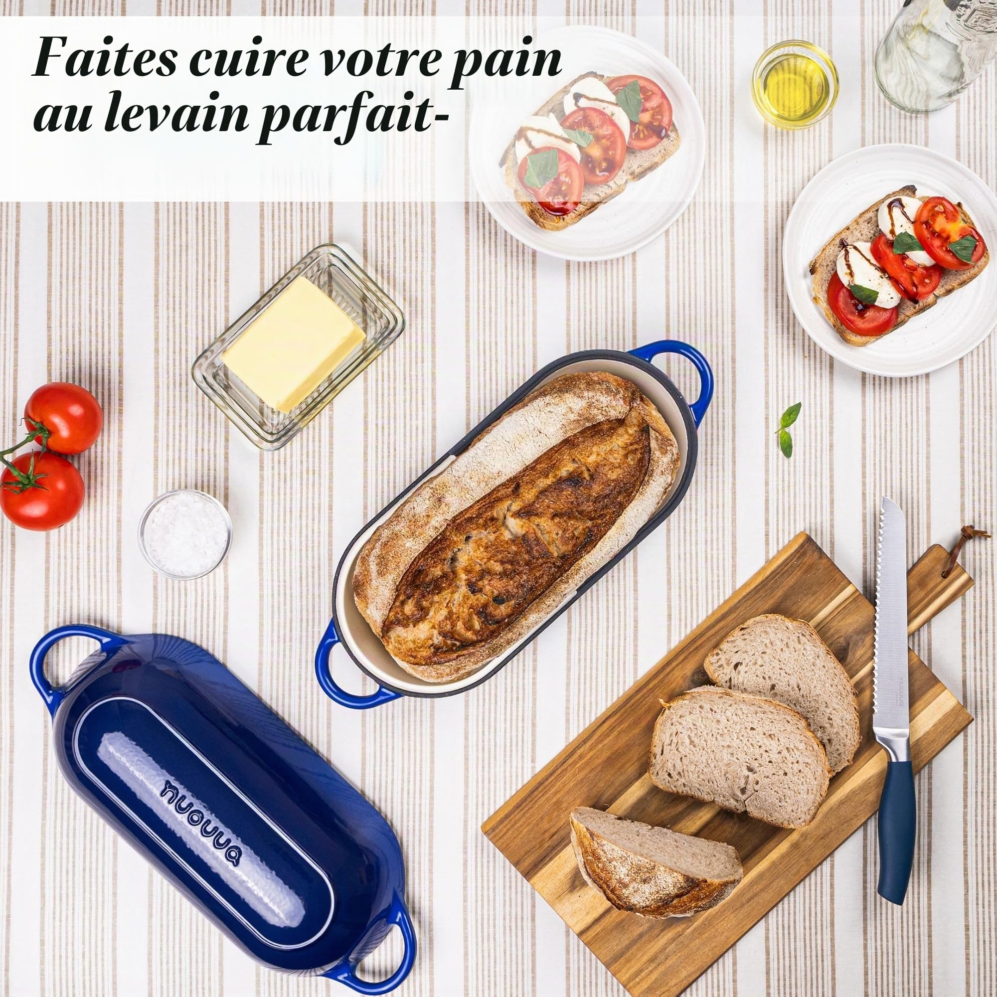 Casserole à pain en fonte émaillée - Cocotte pour la cuisson du pain au levain - Passe au four - Antiadhésive - Rectangulaire - Bleu foncé - 32 cm x 16 cm Nuovva