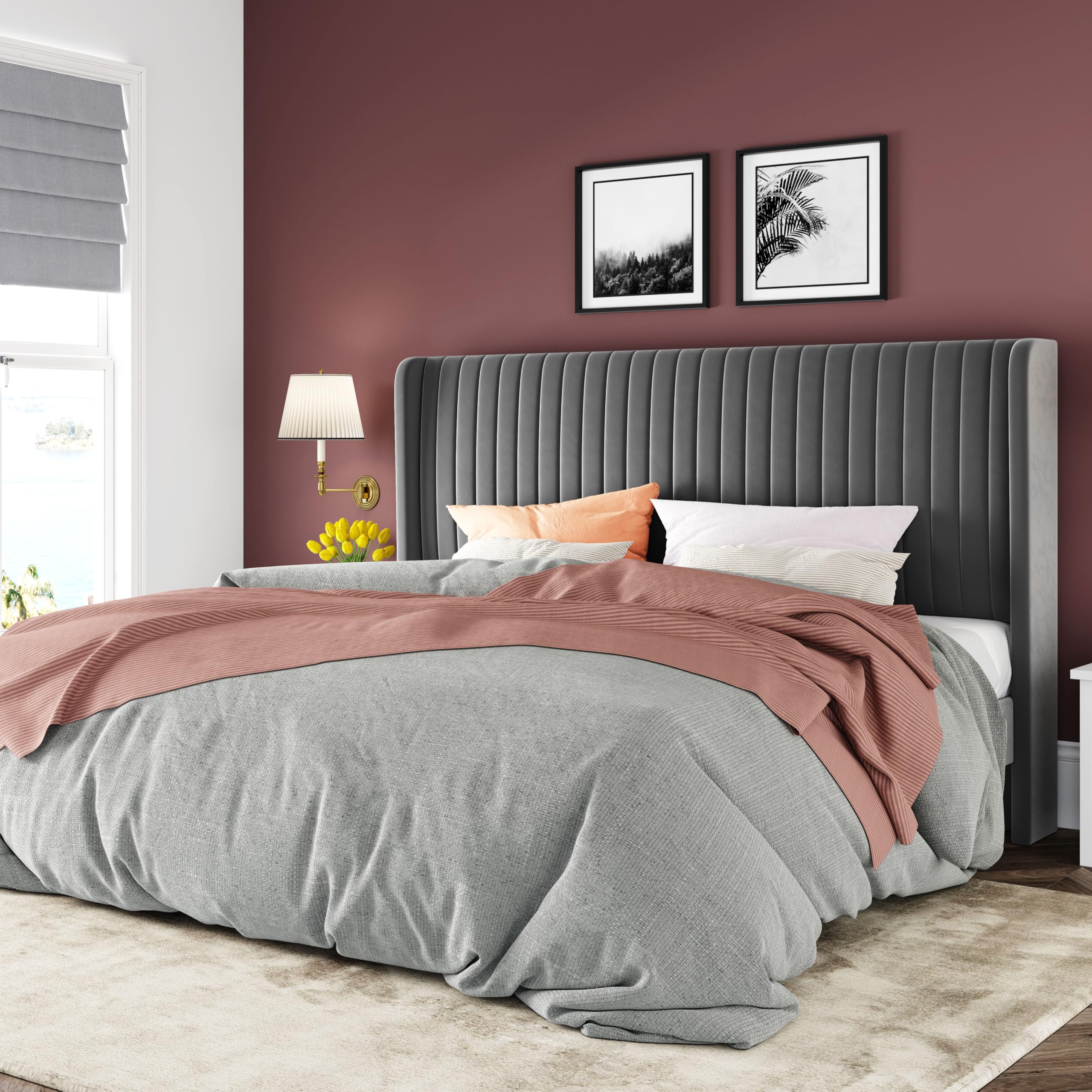 Allewie King Size Velvet Bed Frame/Vertical Channel Tufted Wingback Headboard/Upholstered Platform Bed/No Box Spring Needed/Strong Wooden Slats/Easy