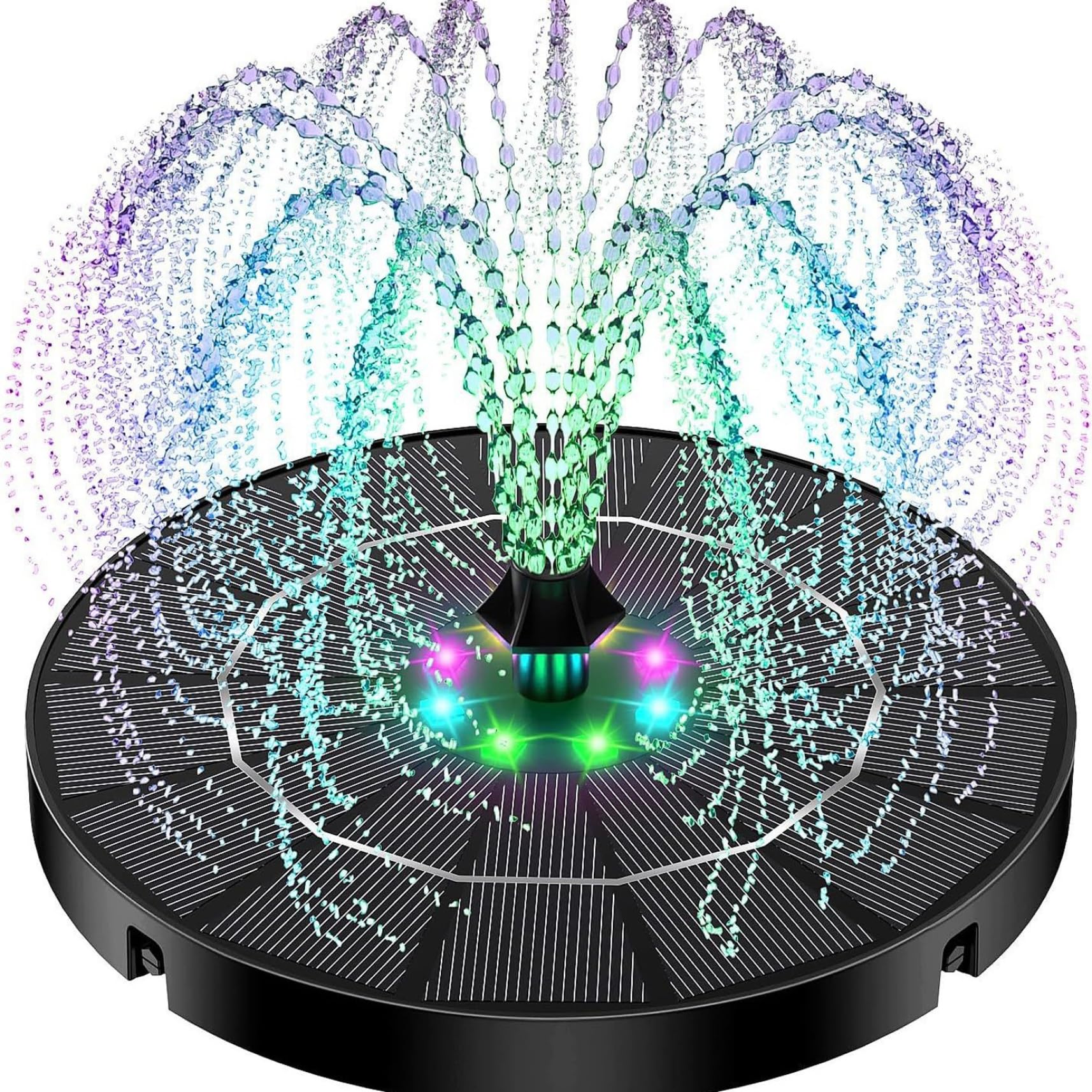 Fuente Solar para baño de pájaros, Bomba de Fuente Solar Negra de 3, 5 W con Luces LED Coloridas y boquillas reemplazables para baño de pájaros, jardín, Estanque, Piscina