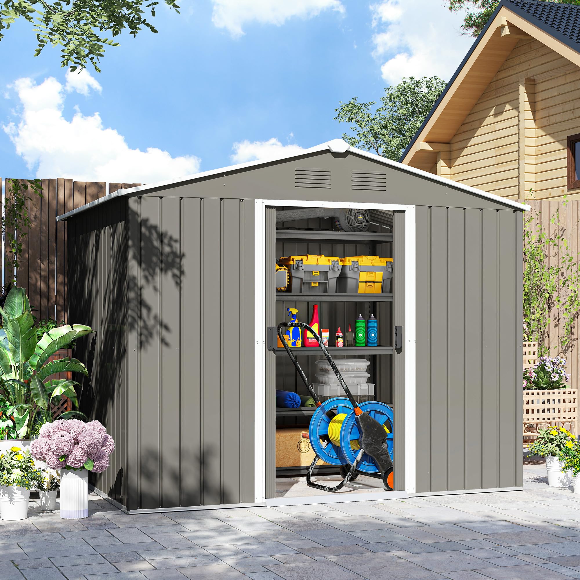 Outsunny Casetta da Giardino 3.6m² in Acciaio Zincato con Prese d'Aria, Capanno da Giardino con Tetto Inclinato, Doppie Porte Scorrevoli Bloccabili, Capanno Porta Attrezzi, 236x174x190cm, Grigio