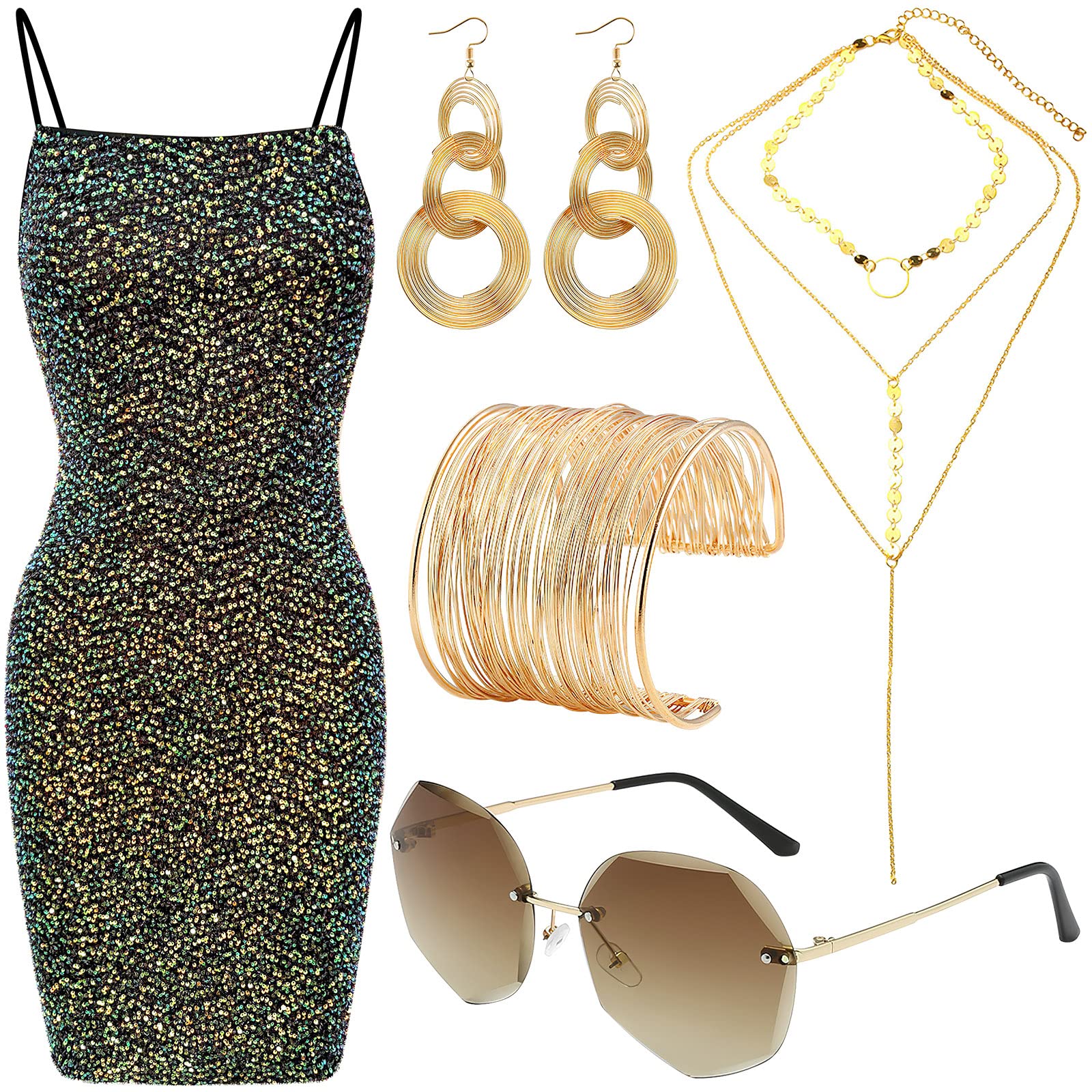 1920s Vintage Peacock Sequin Flapper Dress With Accessories Set - Great Gatsby Costume (Black/Green, Small) - View #6