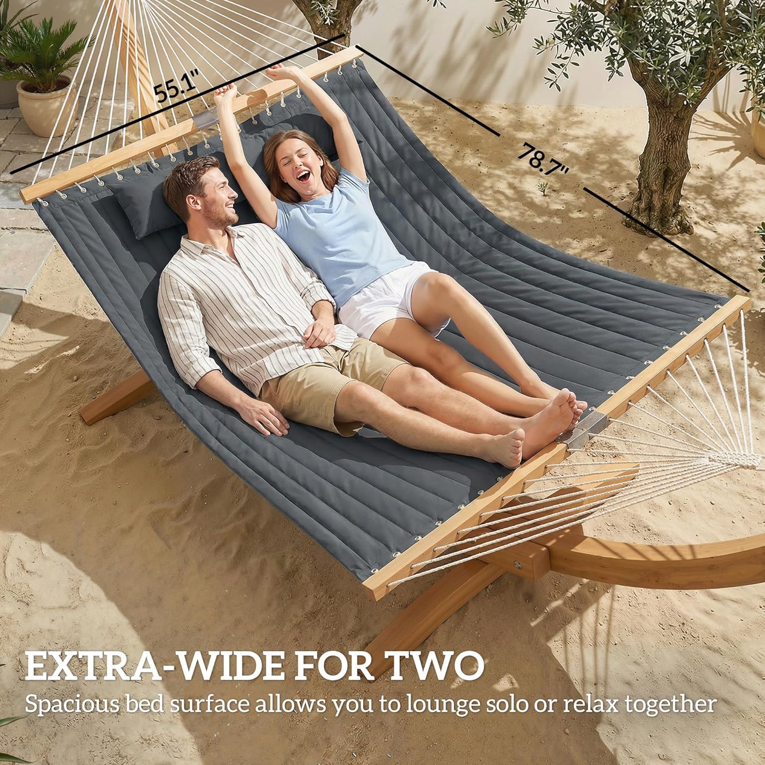 Outsunny Outdoor Hammock, 2-Person Hammock with Head Pillow and Pad, Wood Spreader Bars, 440 lbs Capacity, for Patio Yard Garden, 128" x 55", Gray
