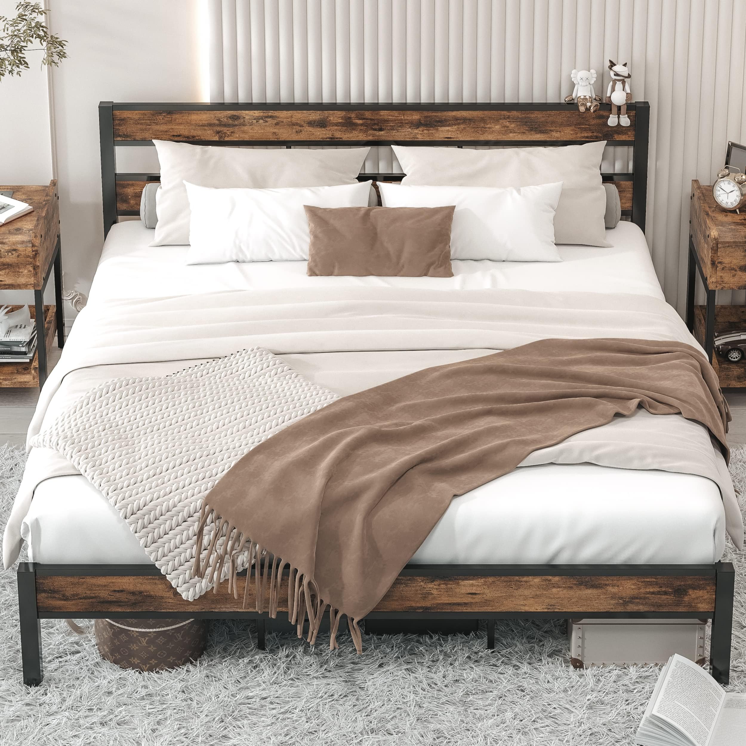 Mixoy Cal King Metal Bed Frame, Linen Platform Bed Frame