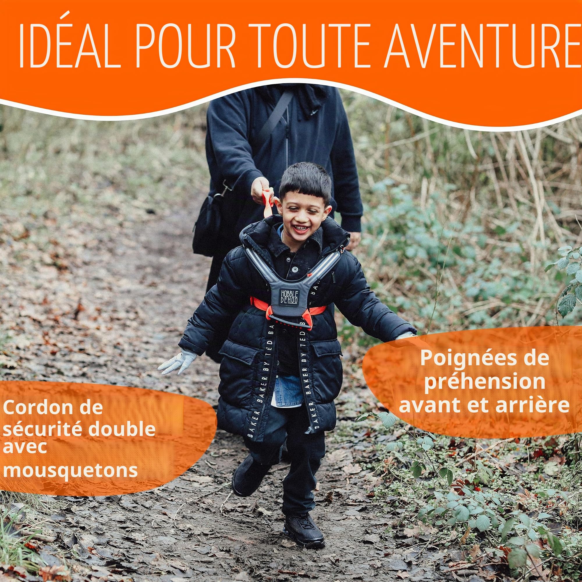 Hobbledehoo Harnais de sécurité pour enfants et tout-petits âgés de 2 à 7 ans, harnais orange pour la marche et le soutien des SEN et des besoins spéciaux (harnais orange avec laisse)
