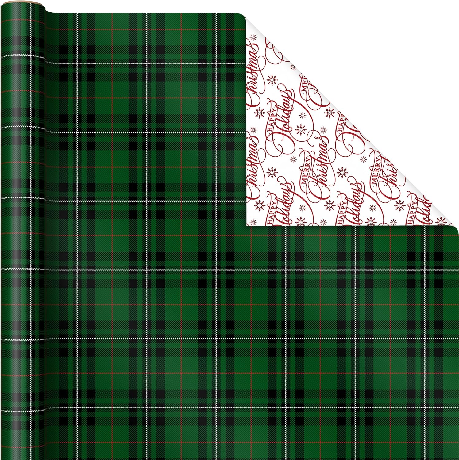 Hallmark Reversible Christmas Wrapping Paper (3 Rolls: 120 sq. ft. ttl) Vintage Santa, Snowmen, Traditional Green, Red and White Plaids image 5