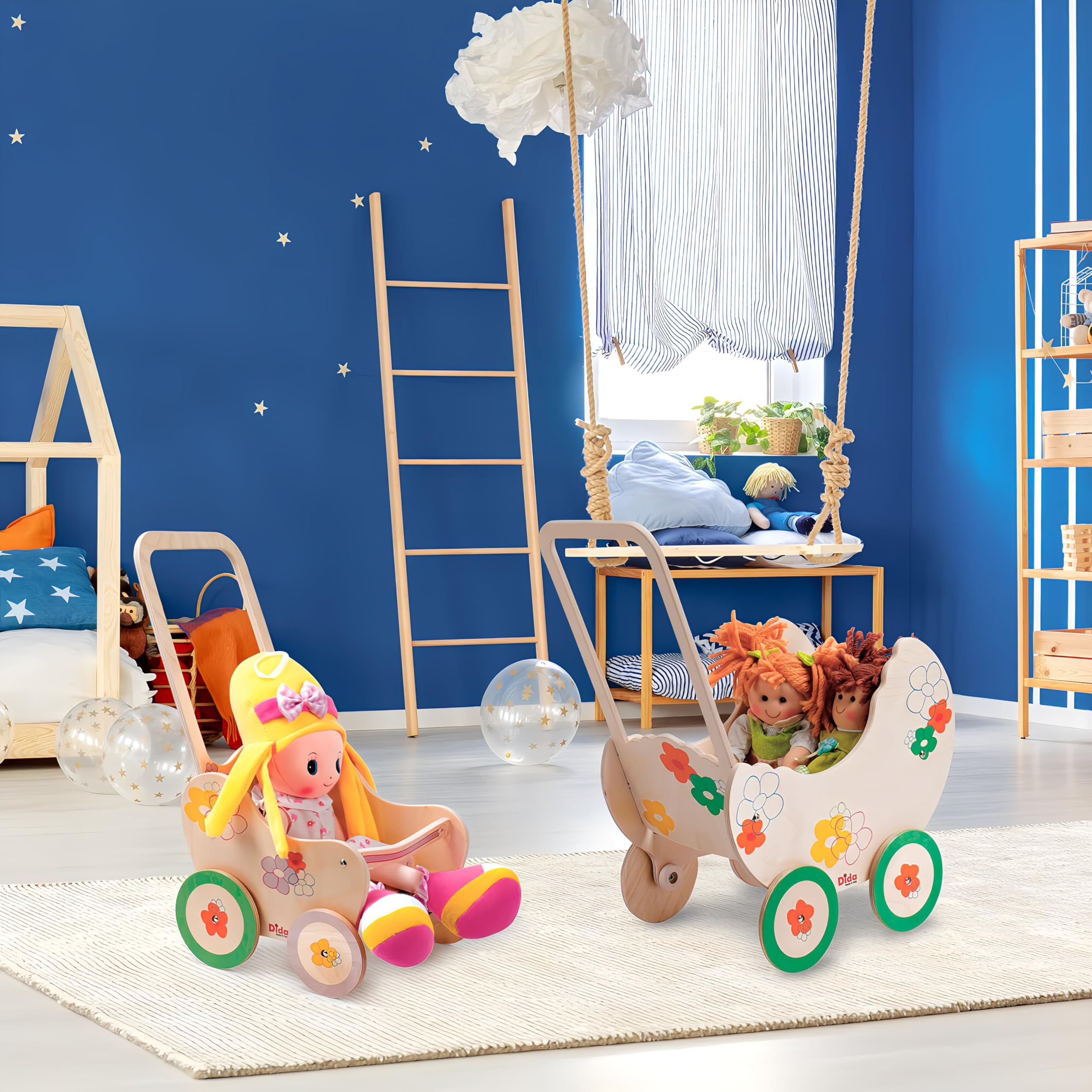 Dida - Carrozzina per Bambole Fiore: Passeggino in Legno per Bambole Piccole fino a 35 cm, Perfetto per Giochi di Ruolo di Bambini 2-4 Anni, Ideale per Piccole Mamme e Papà