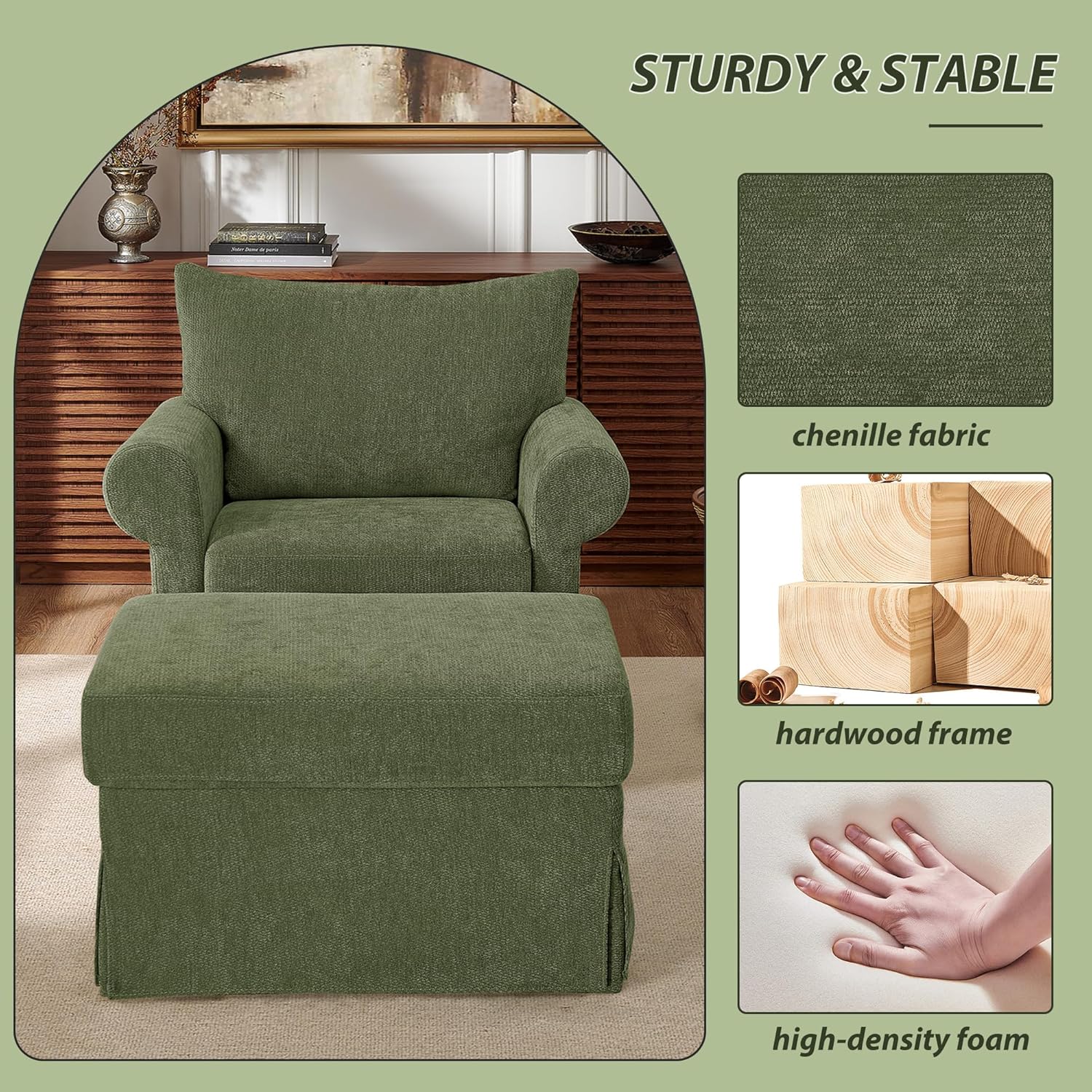 Modern Accent Chairs with Ottoman Set, Comfy Chenille Reading Arm Chair, 37.6" W Oversized Chair and Ottoman Set for Living Room, Bedroom, Reading Nook, Nursery Room, Green