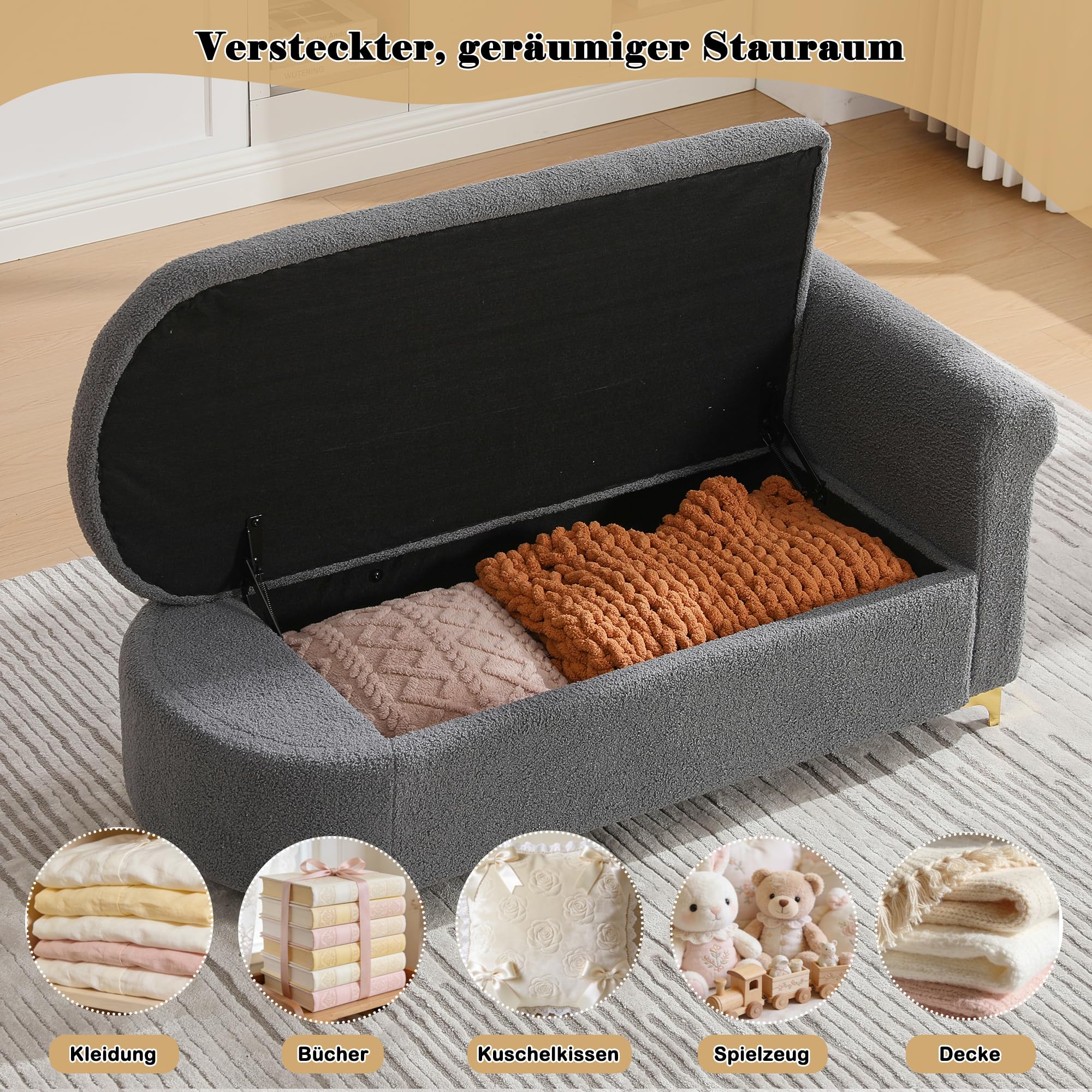 Merax Chaiselongue mit Stauraum, 134 cm Liege mit wellenförmiger Rückenlehne & Boucle-Stoff, hochdichter Schaumstoff, inkl. Lenden- & Nackenkissen, Retro-Look mit Massivholzrahmen, Grau