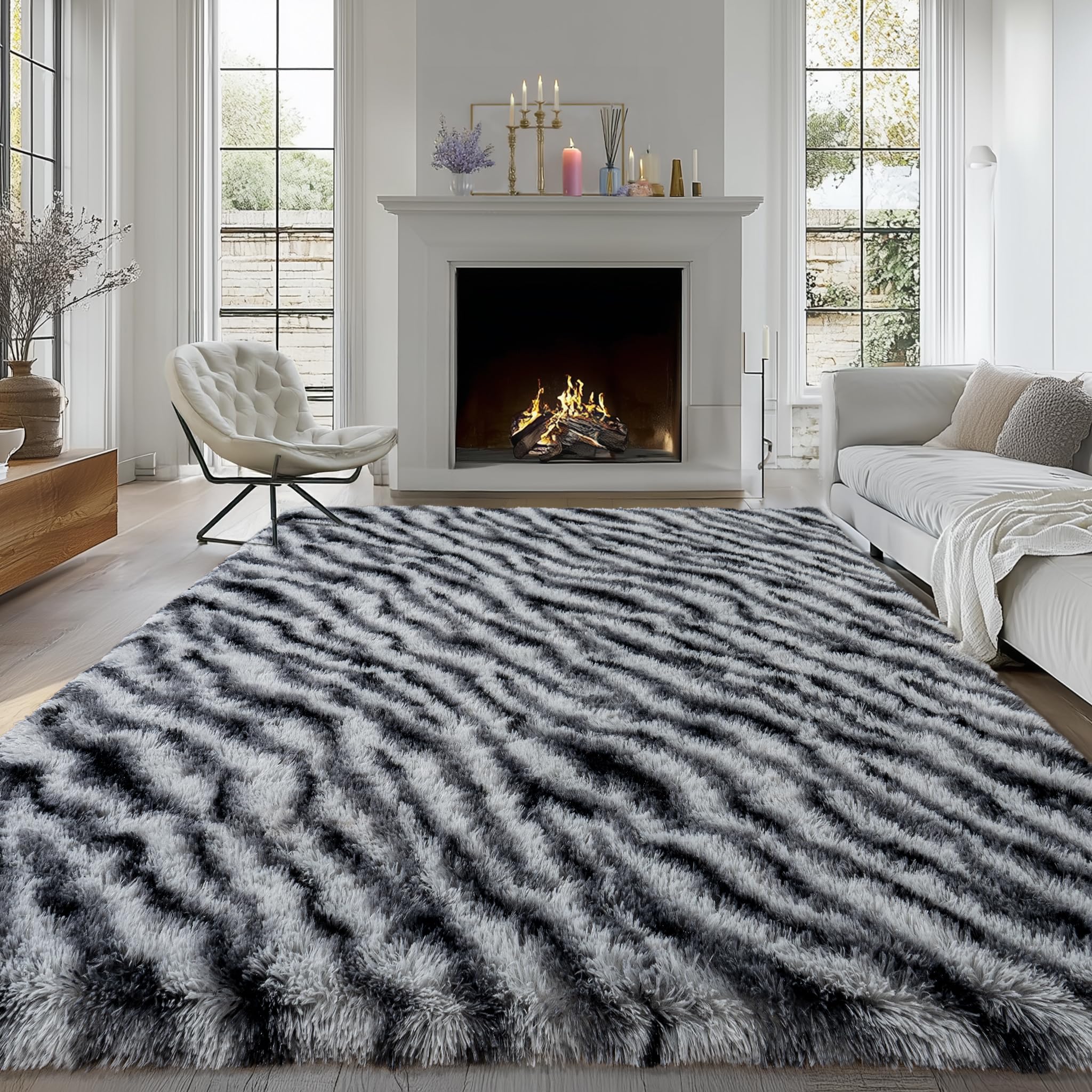 WISH TREE Fluffy Rugs for Living Room, 5x7 Ft Black White Zebra Shag Rugs for Bedroom Dorm Kids Room Nursery, Soft Non-Slip Modern Fuzzy Plush Carpet for Indoor Home Decor — image 1