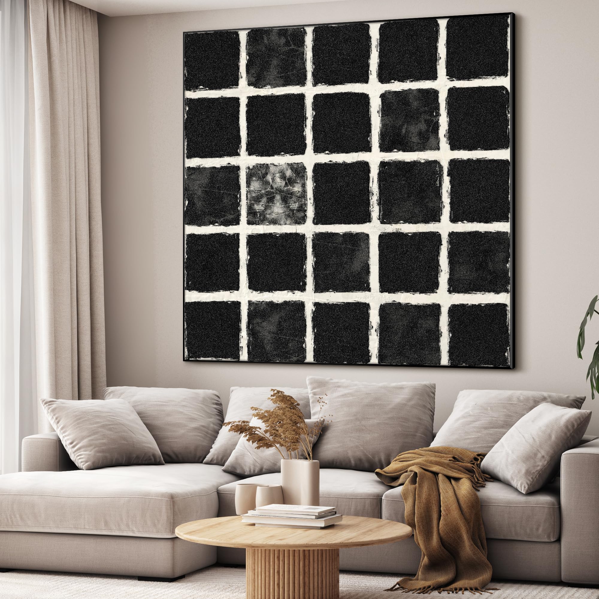 72"x72" XL Framed Wall Art - Checkered Pattern Grunge Grid Style (Frame Assembly Required)