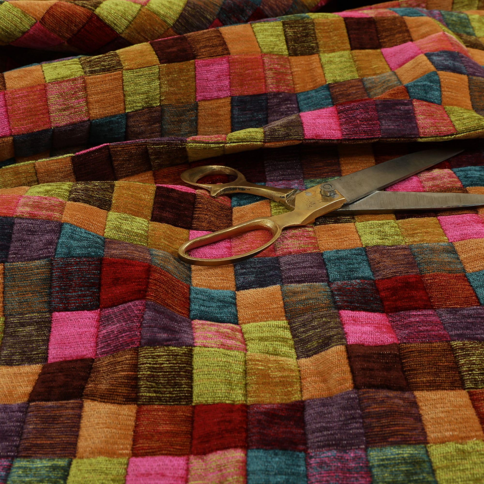 Redbrick Mill Fabrics Flame Retardant Heavyweight Pink Multi Coloured Patchwork Pattern Chenille Upholstery Fabric (Per Metre)