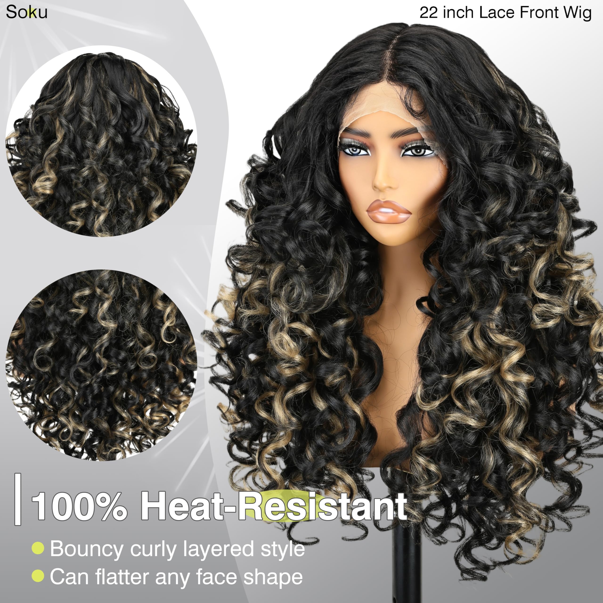 SOKU Long Curly Glueless Lace Front Wig with HD Lace