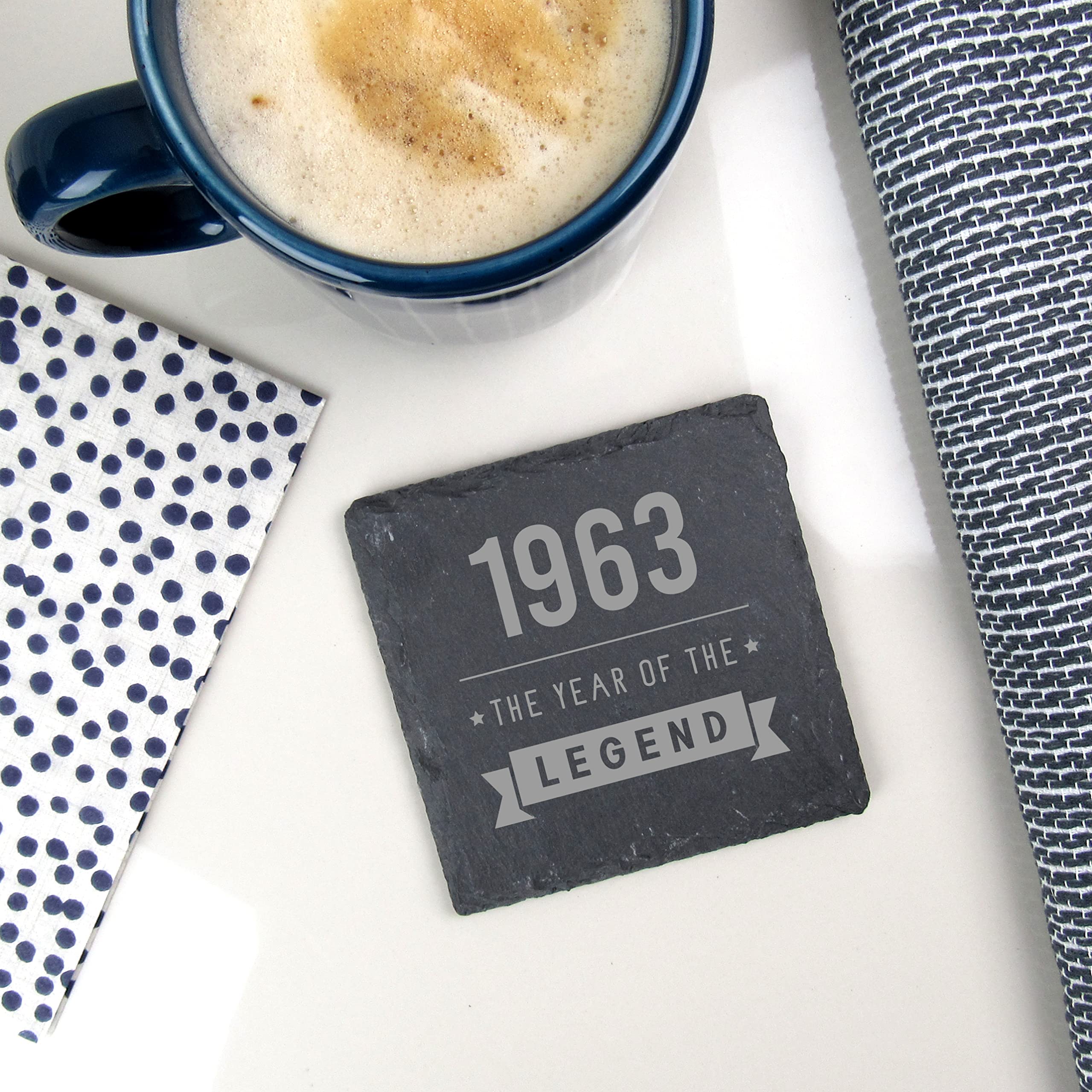 eBuyGB Engraved Square Slate Coaster -1963 Year of The Legend Design - 60th Birthday Gifts for Him, Men - Gift for Dad, Uncle, Brother - Drinks Mat, Placemat