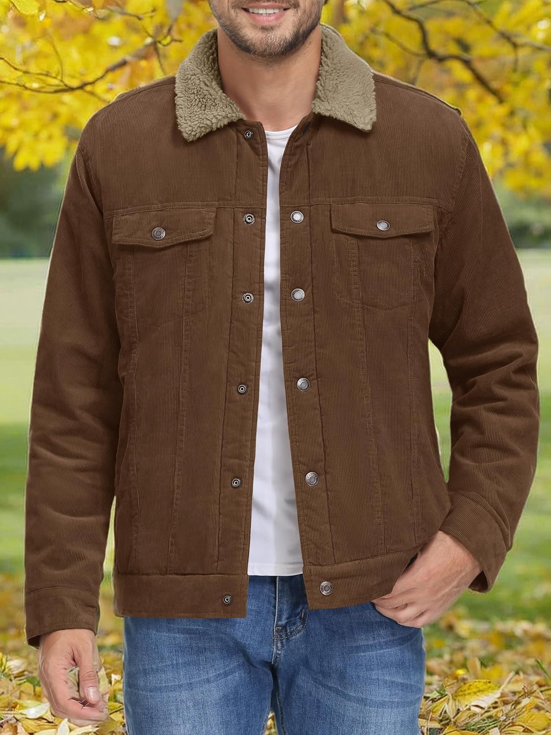 MAGNIVIT Men's Corduroy Fleece Cargo Jacket Winter Snap Button Lapel Sherpa Lined Trucker Cowboy Coat with 5 Pockets - Image 8