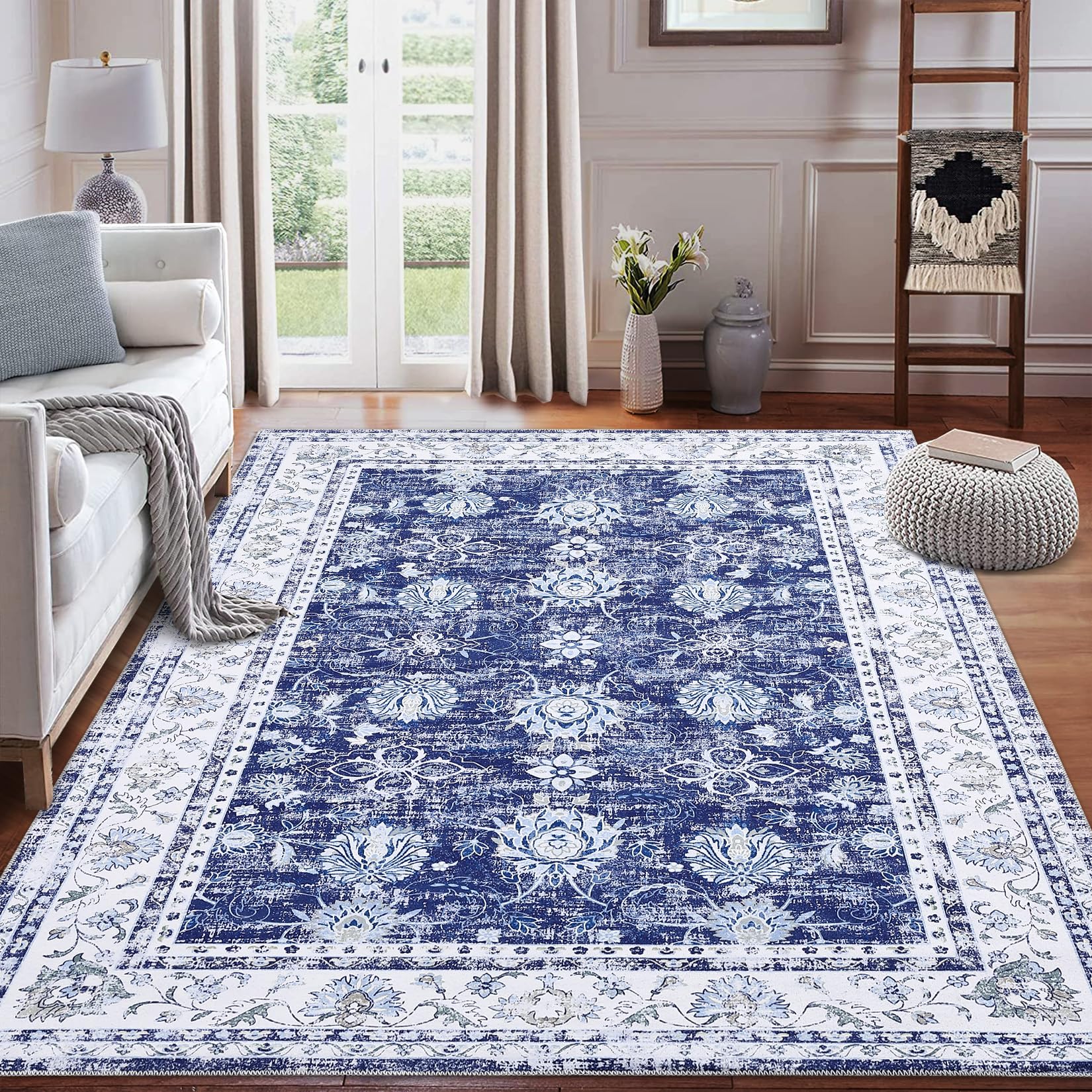 LuxFocus Alfombra lavable para salón, 120 x 170 cm, oriental, envejecida, antideslizante, de pelo corto, retro, decorativa, vintage, para dormitorio, comedor, hogar, oficina, color azul marino